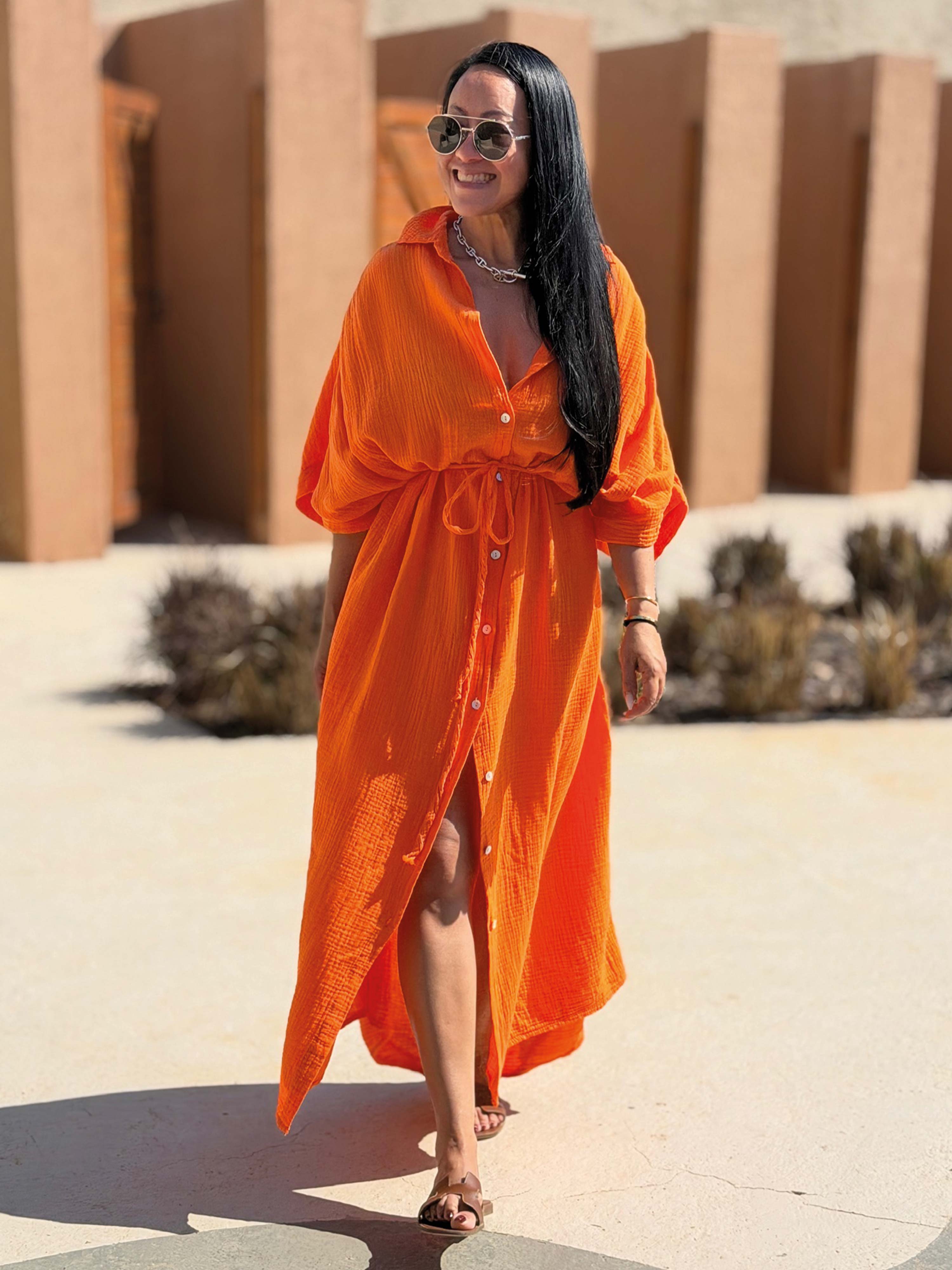 Musselin Oversize Kurzarm Blusenkleid - CAPRI - Sunset Orange