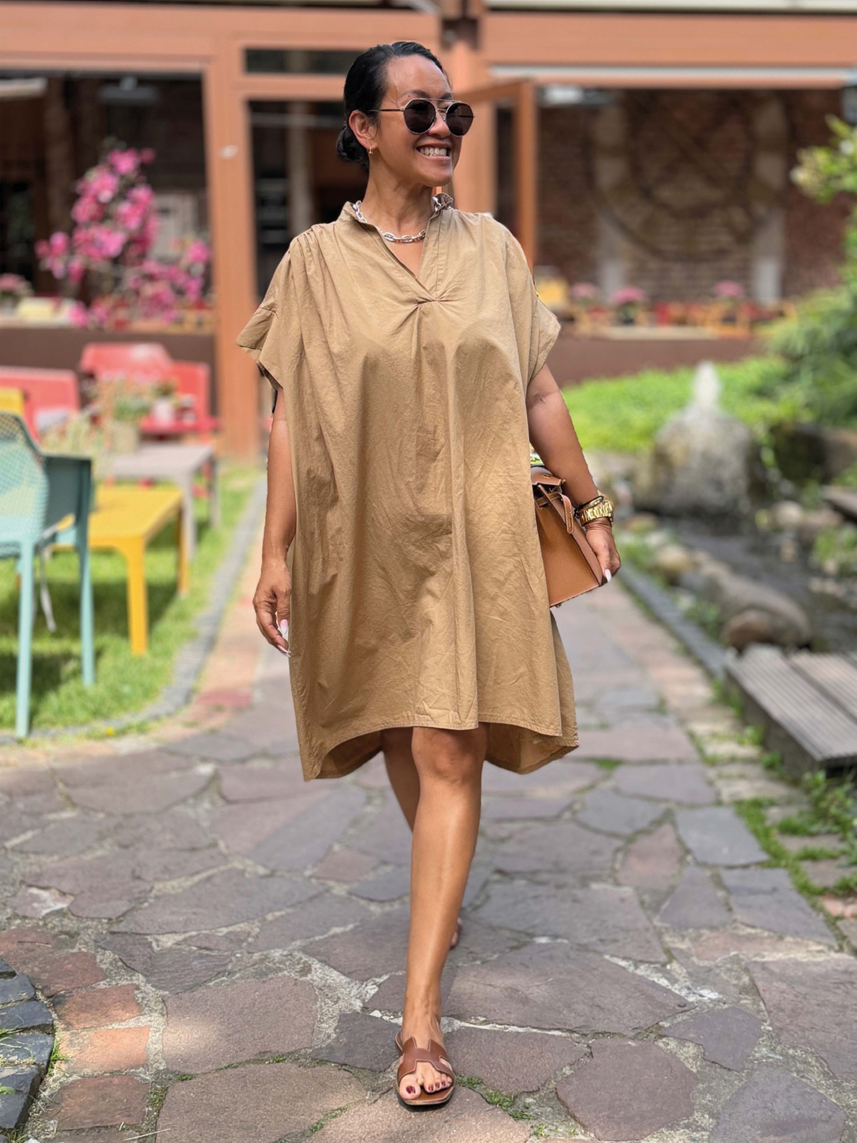 Cotton Vokuhila Oversize Tunika Midi mit Taschen - Camel