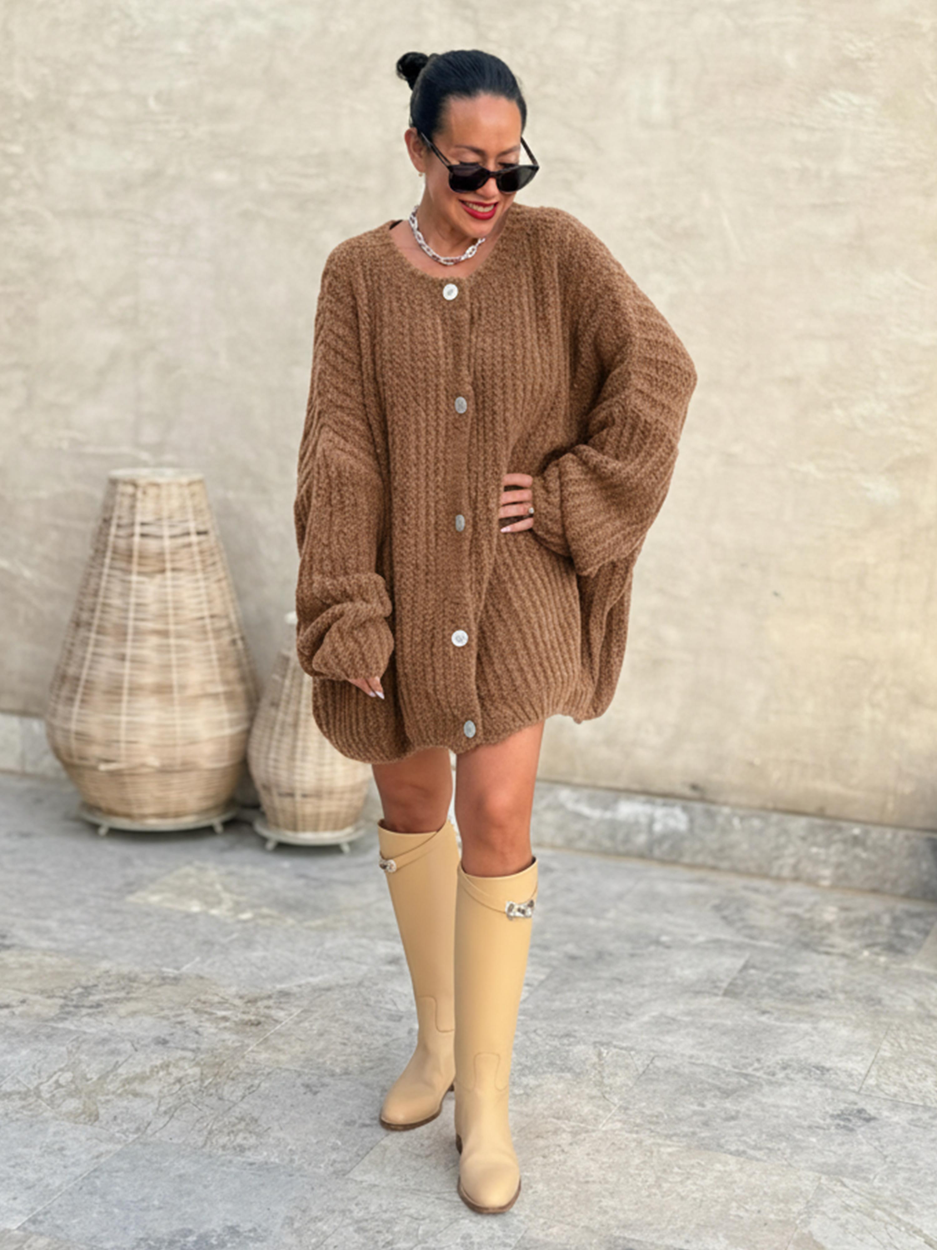 Oversize Bouclé Grob Strickjacke - Camel