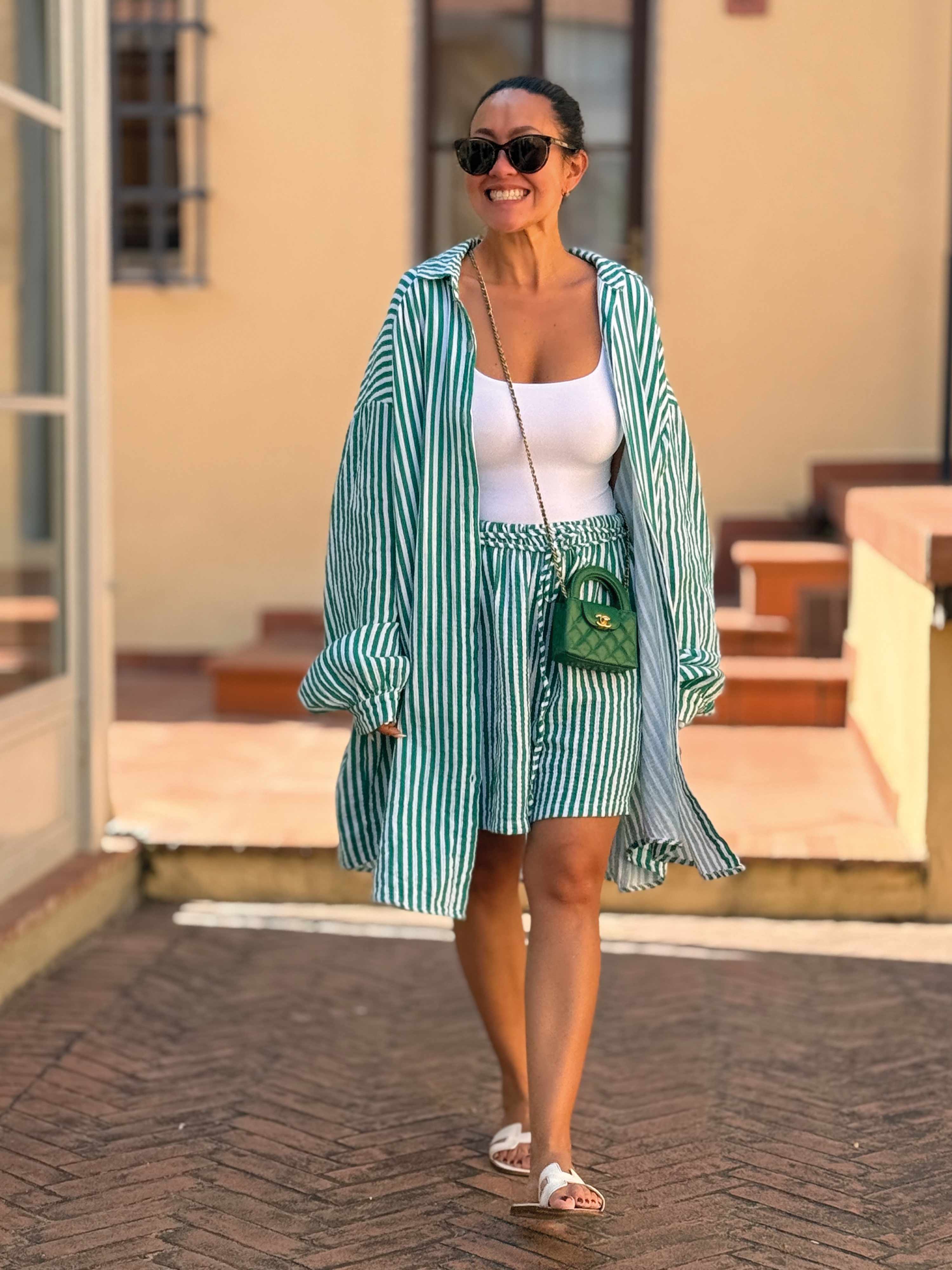 Musselin Bermuda Shorts - SUMMER BREEZE - Stripes Grün Musselin Bermuda Shorts - SUMMER BREEZE - Stripes Grün