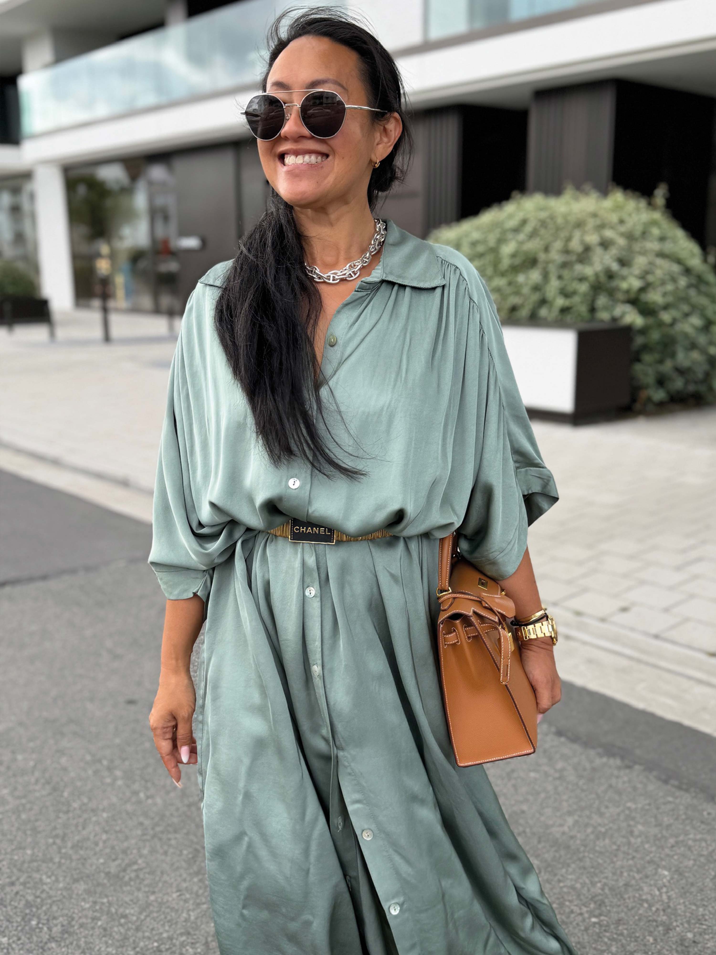 Viskose Oversize Kurzarm Blusenkleid - CAPRI - Salbei