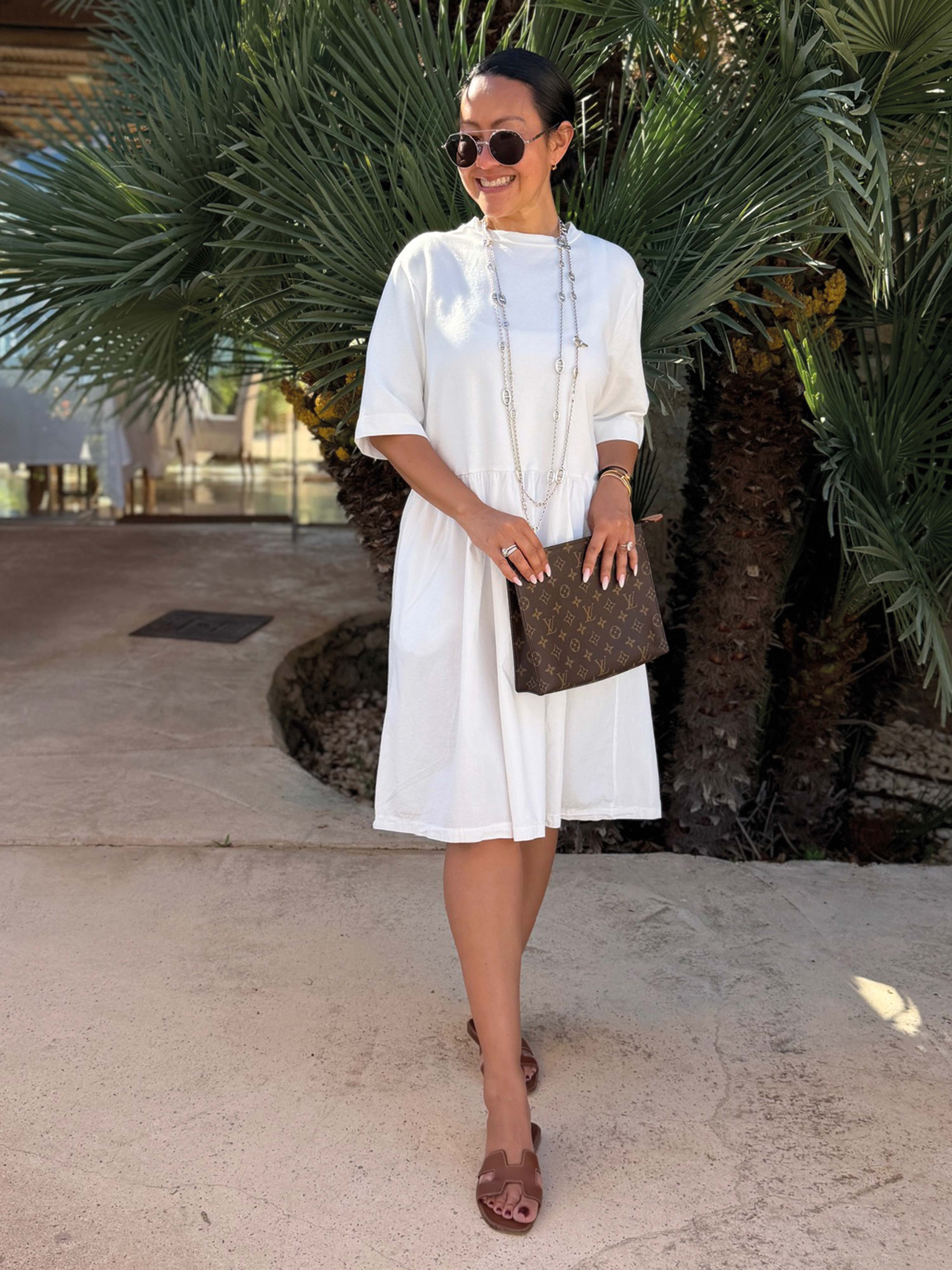 Kurzarm Midi Cotton Kleid mit Seitentaschen - Weiss