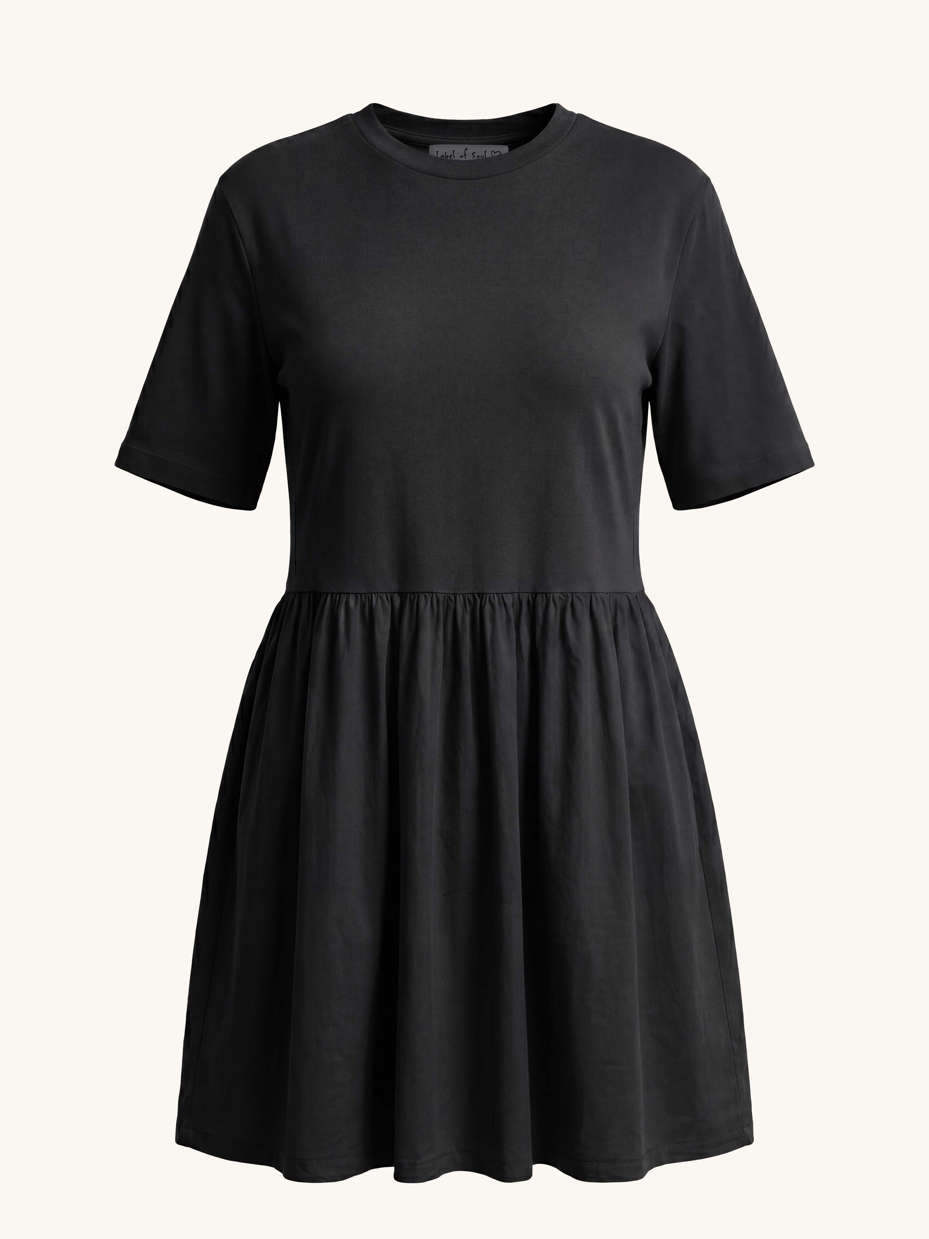 Kurzarm Midi Cotton Kleid mit Seitentaschen - Schwarz