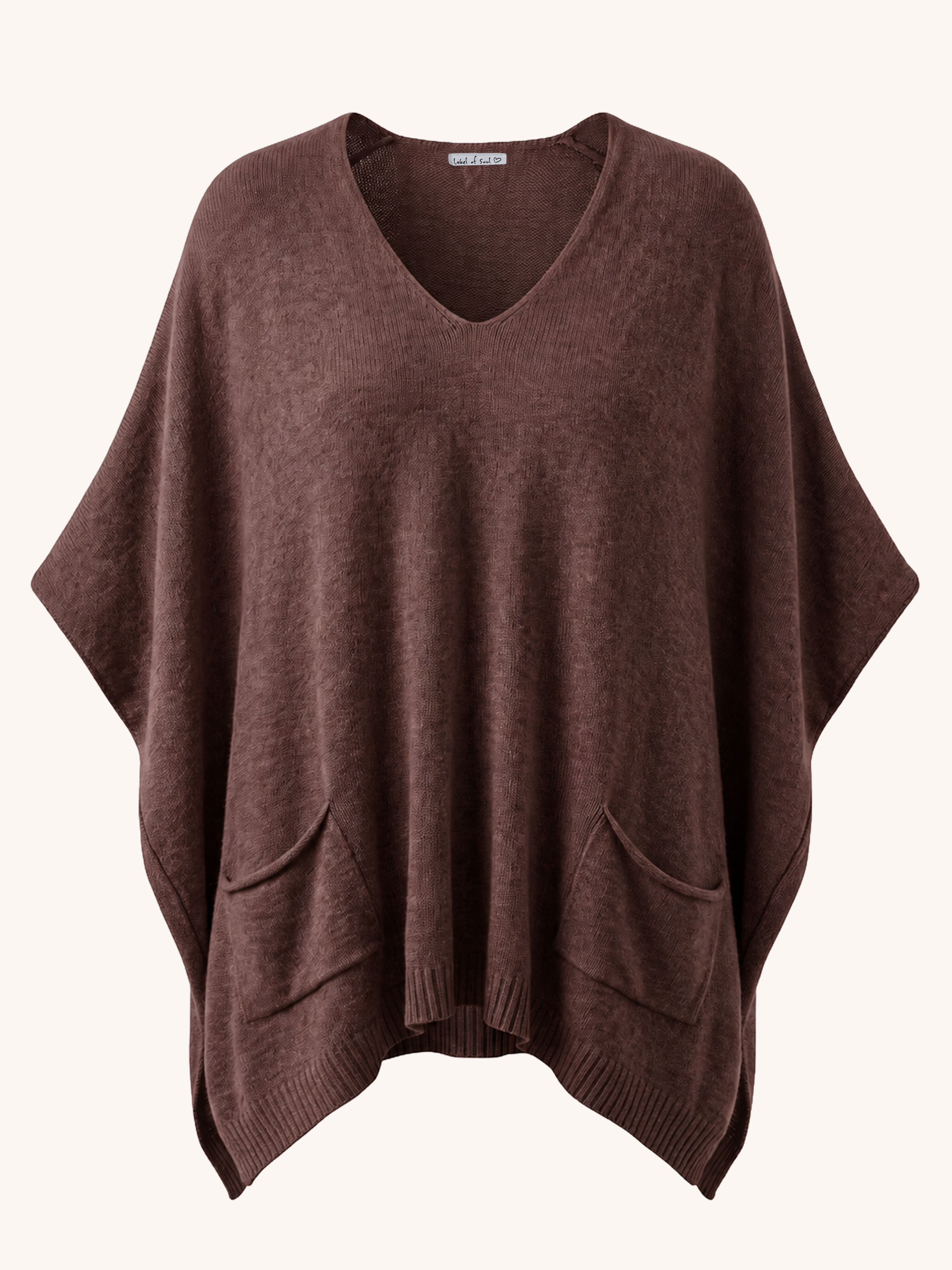 Oversize Viskose Strick Poncho mit V-Ausschnitt - Schoko