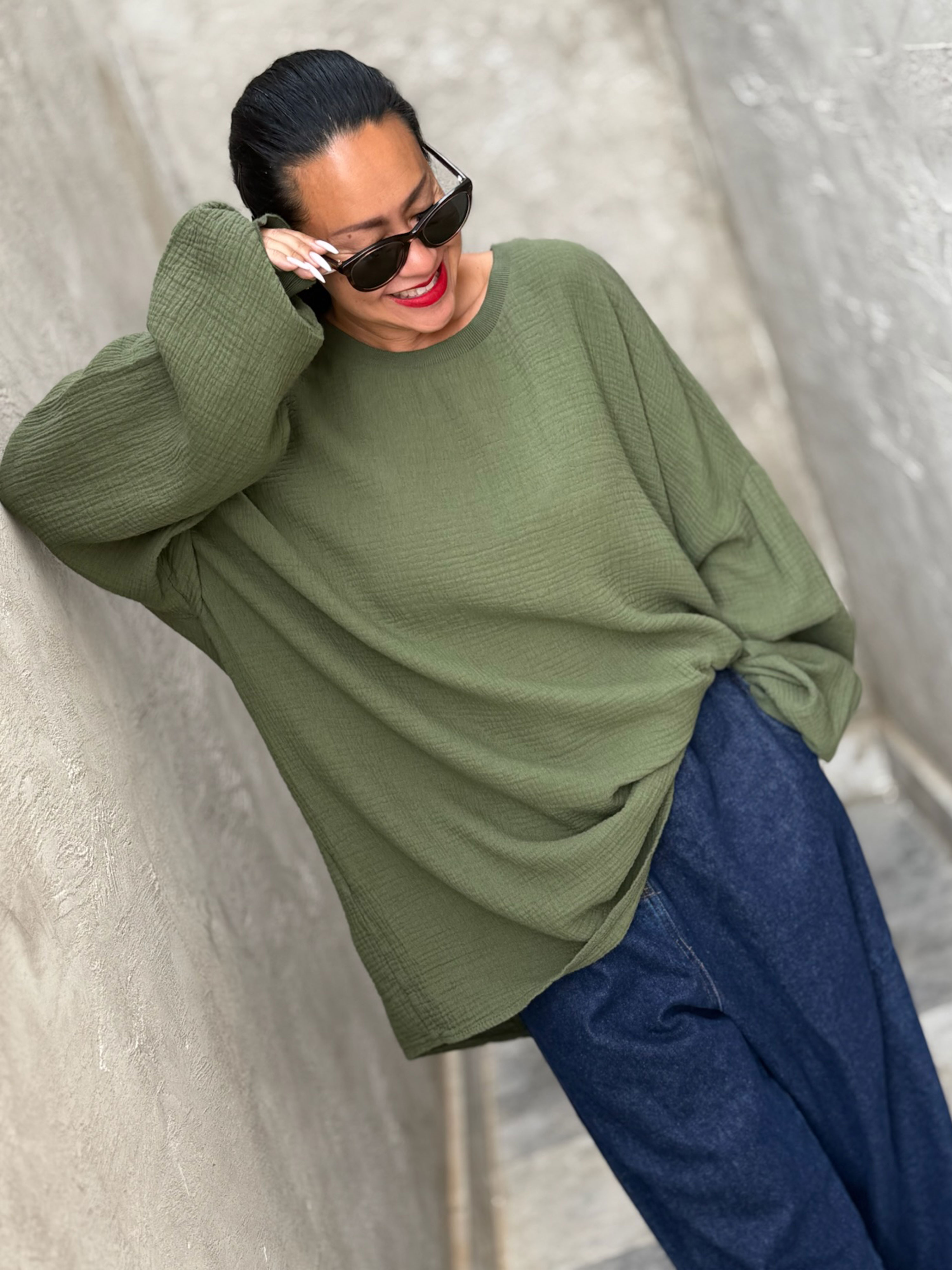 Musselin Oversize Sweatshirt - Olive