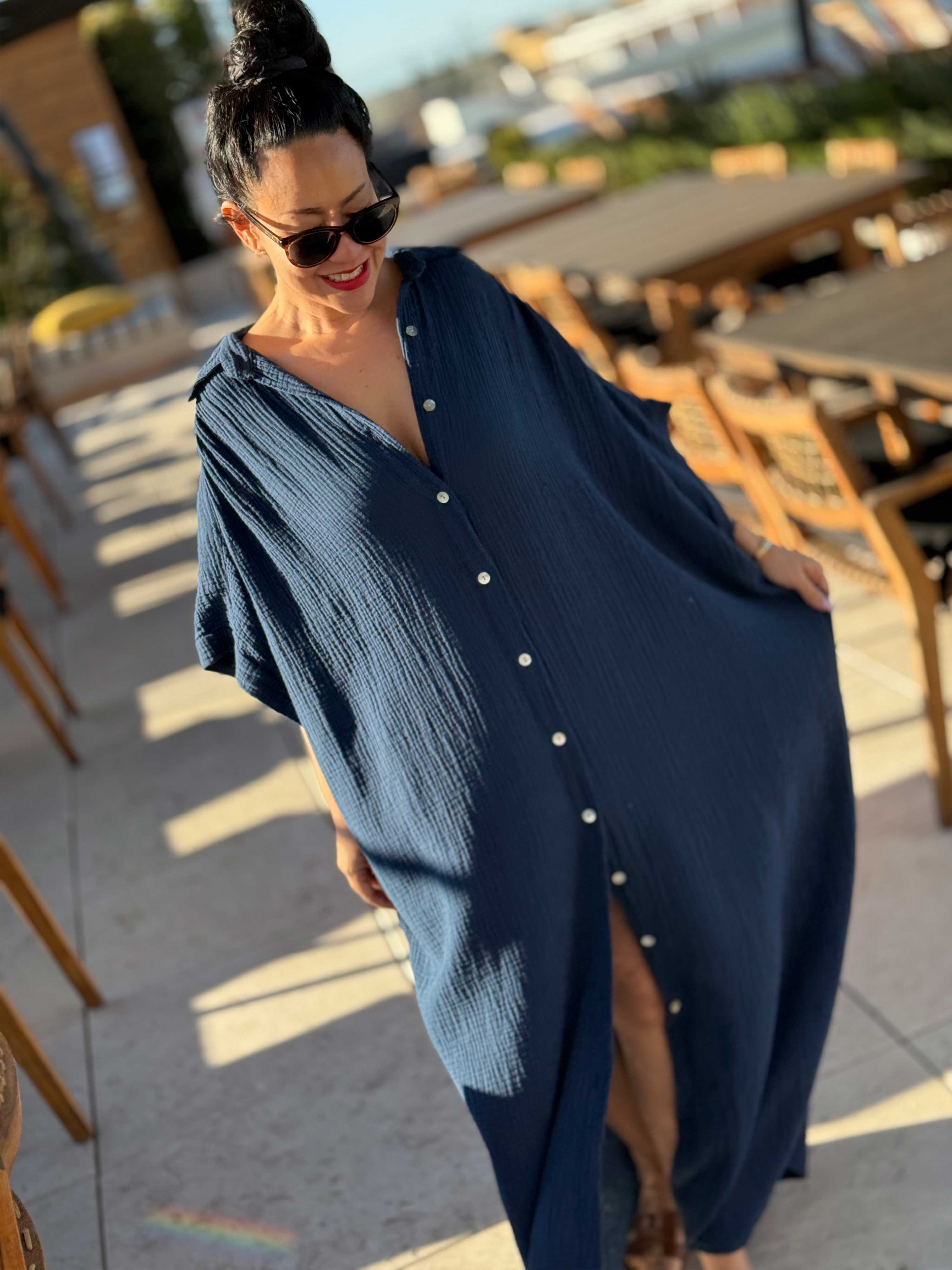 Musselin Oversize Kurzarm Blusenkleid - CAPRI - Navy Musselin Oversize Kurzarm Blusenkleid - CAPRI - Navy