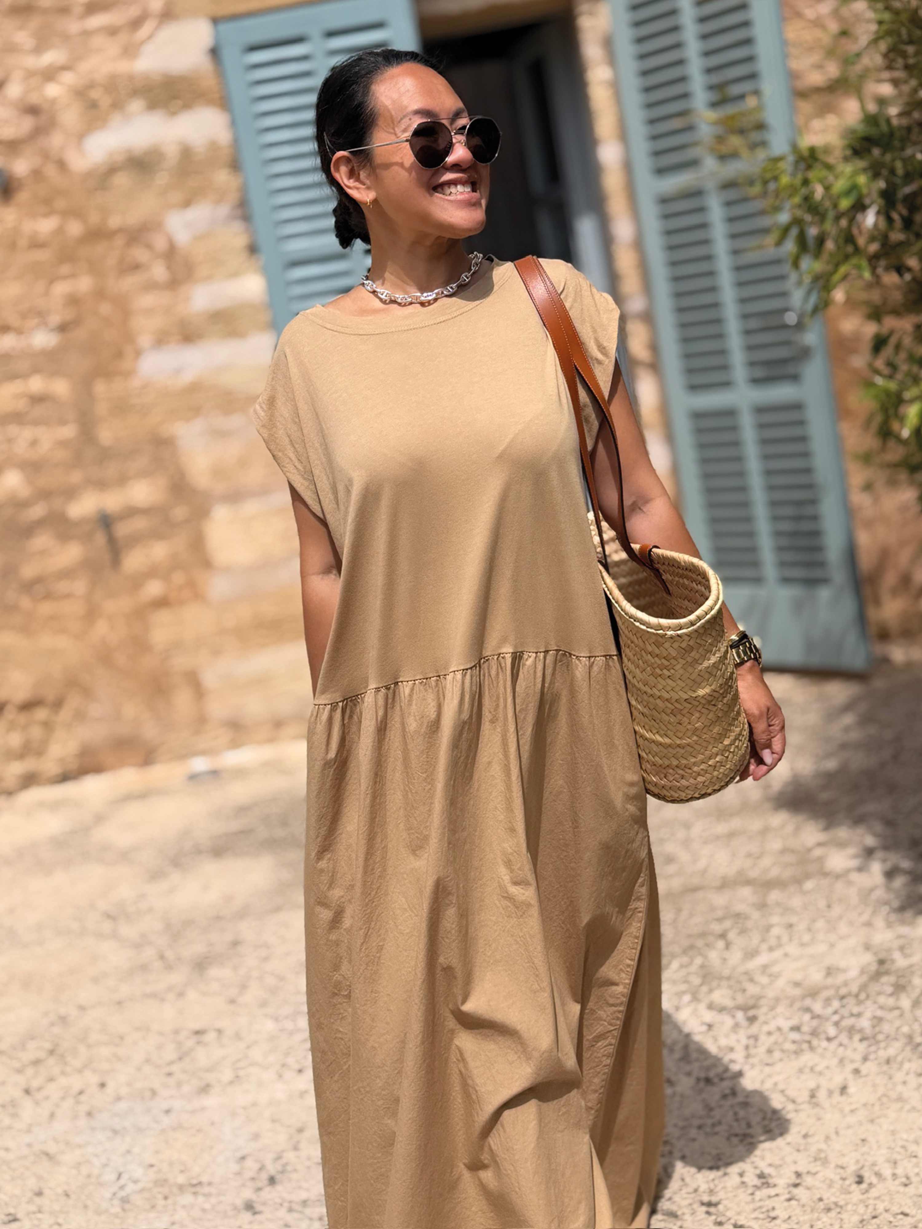 Ärmelloses Cotton Kleid Long mit Seitentaschen - Camel