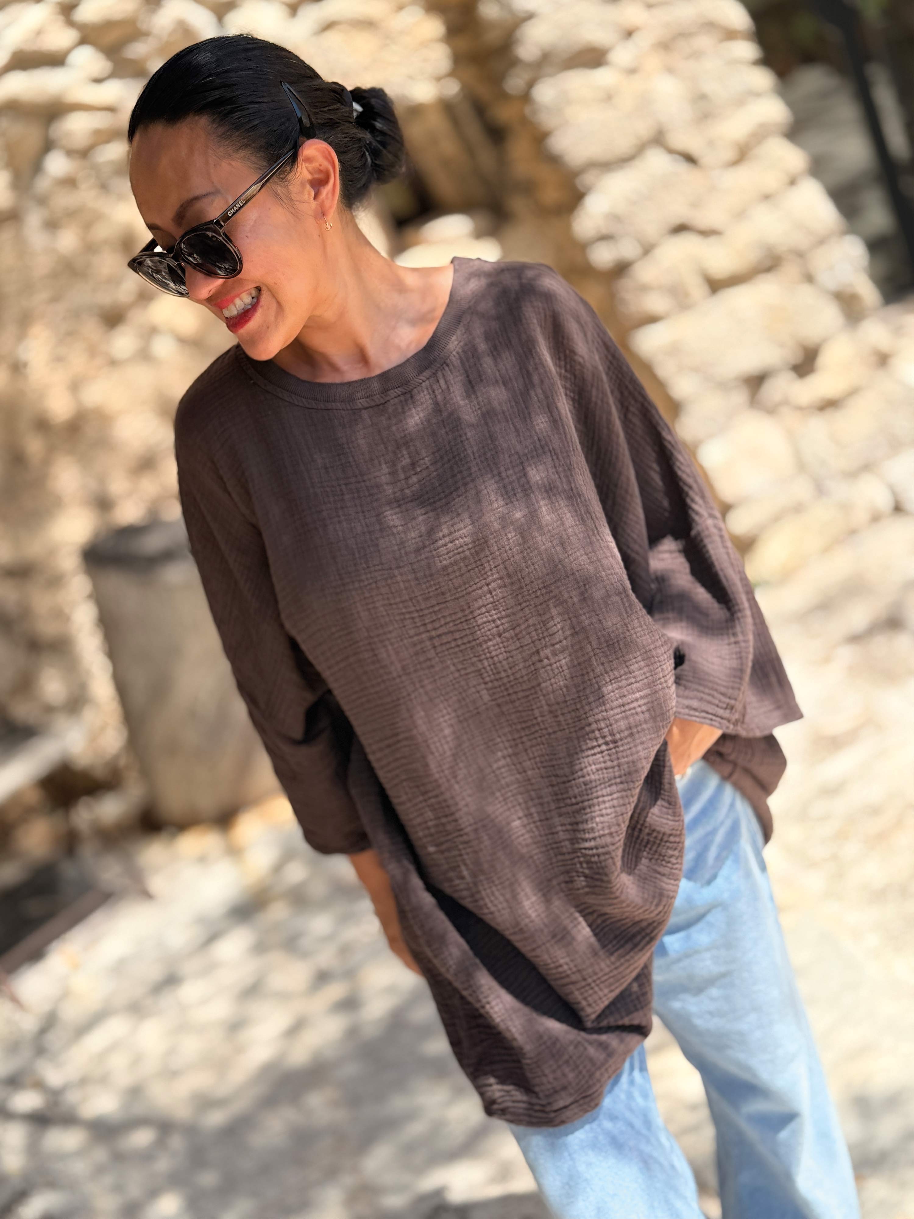 Musselin Oversize Kurzarm Shirt - Schoko Musselin Oversize Kurzarm Shirt - Schoko