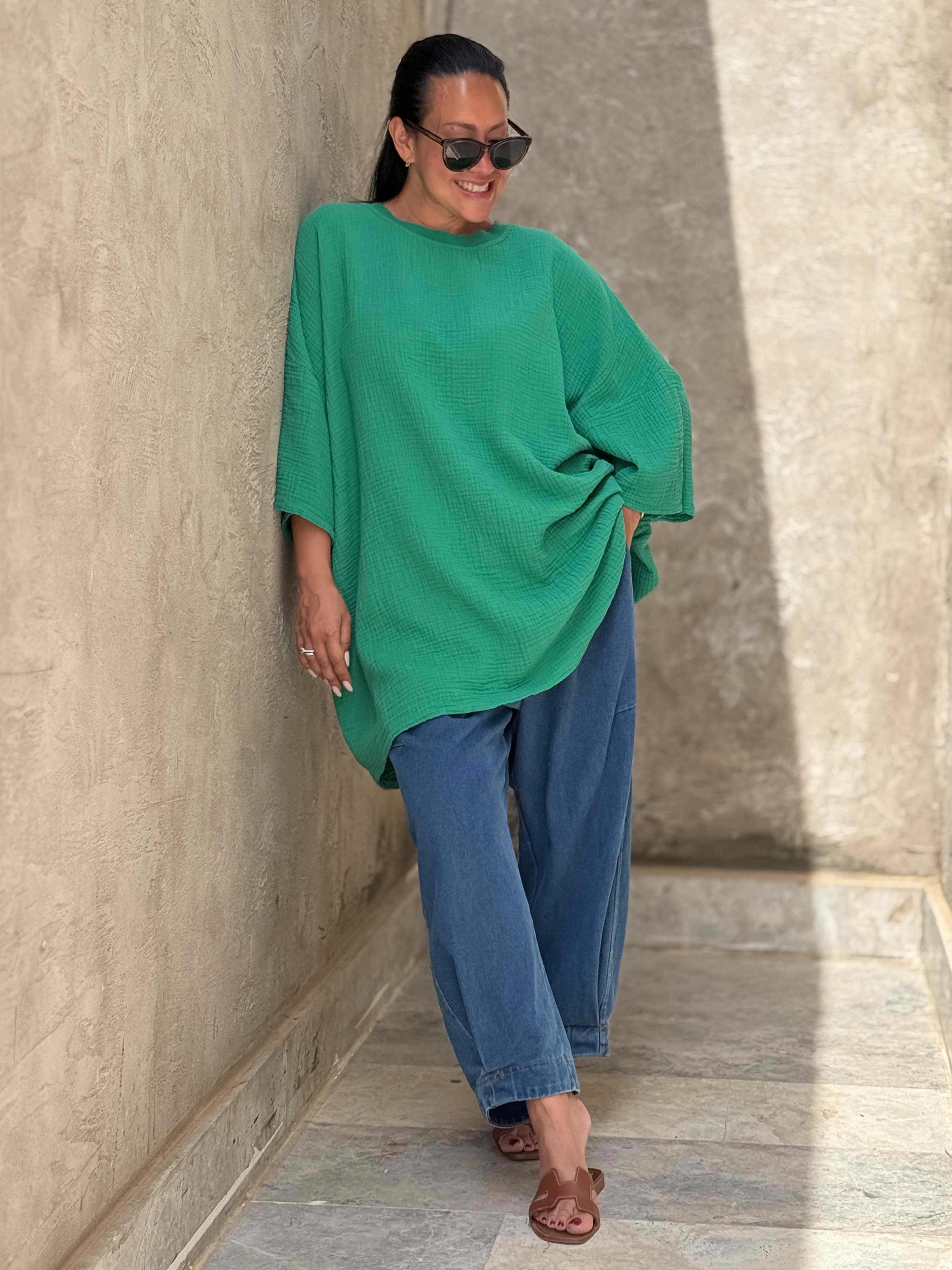 Musselin Oversize Kurzarm Shirt - Grün Musselin Oversize Kurzarm Shirt - Grün