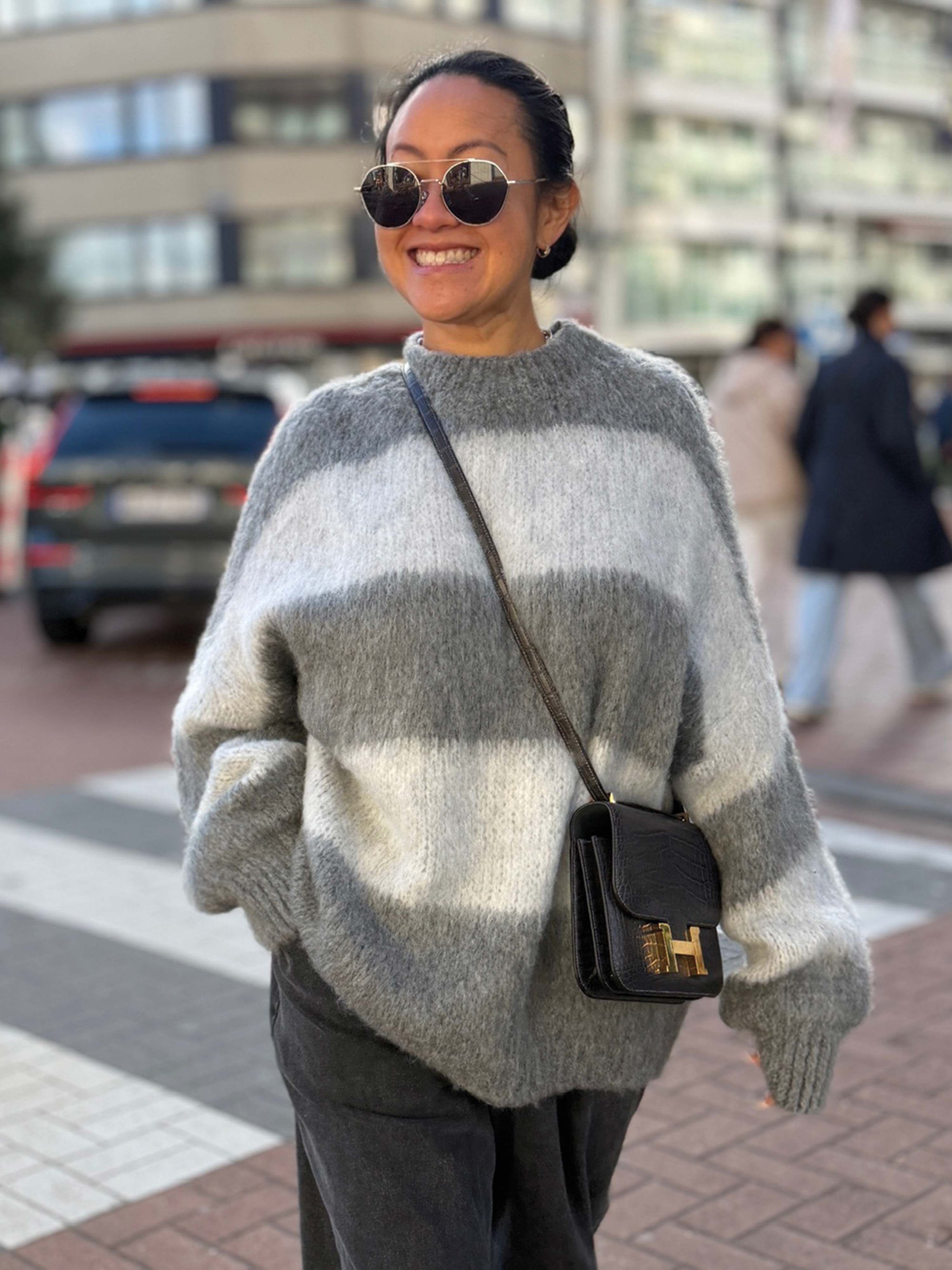 Oversize Strickpullover mit Stehkragen FLUFFY - STRIPES - Anthrazit/Grau