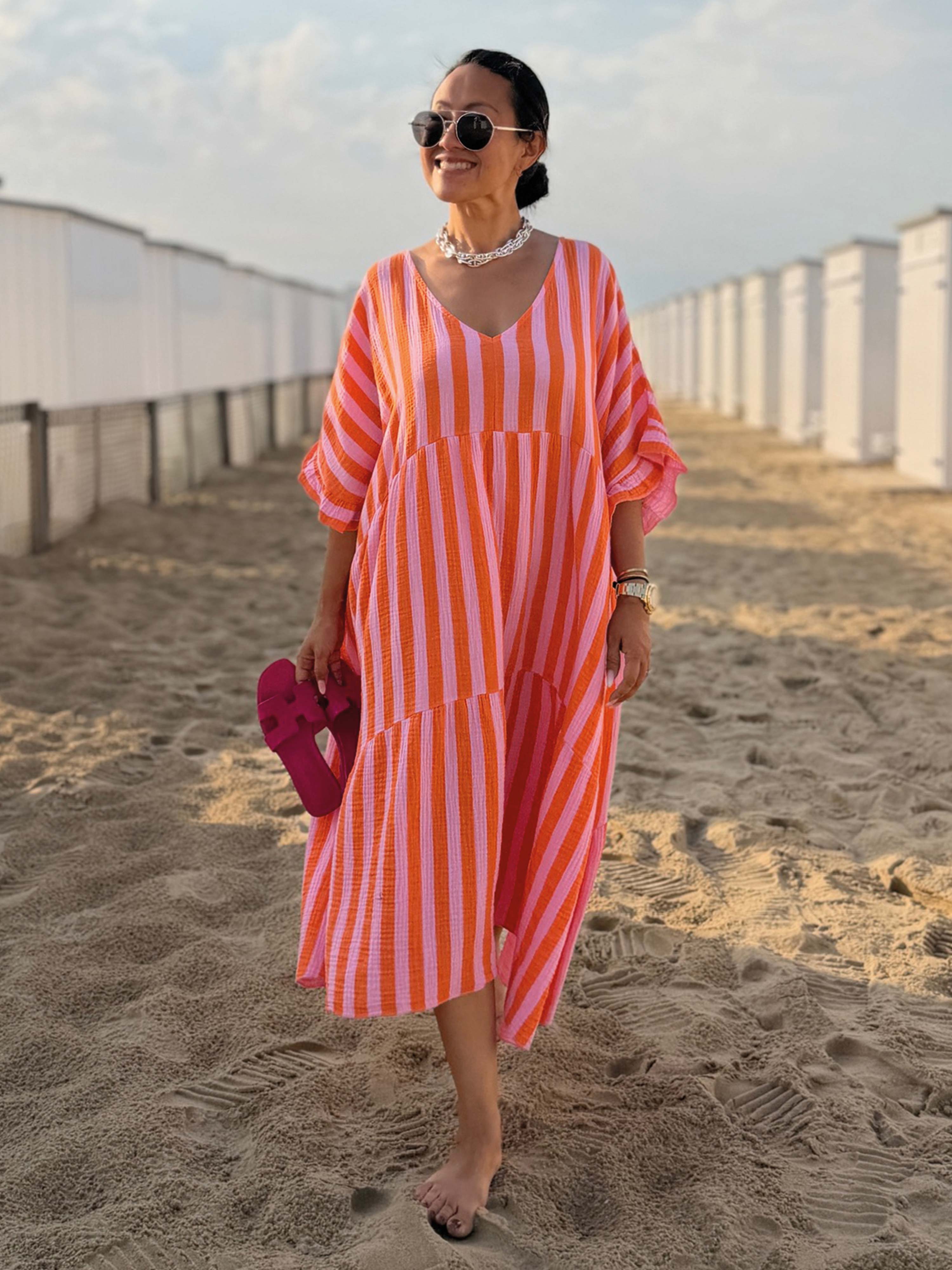 Musselin Tunika Long mit V-Ausschnitt - BIG STRIPES Lollipop