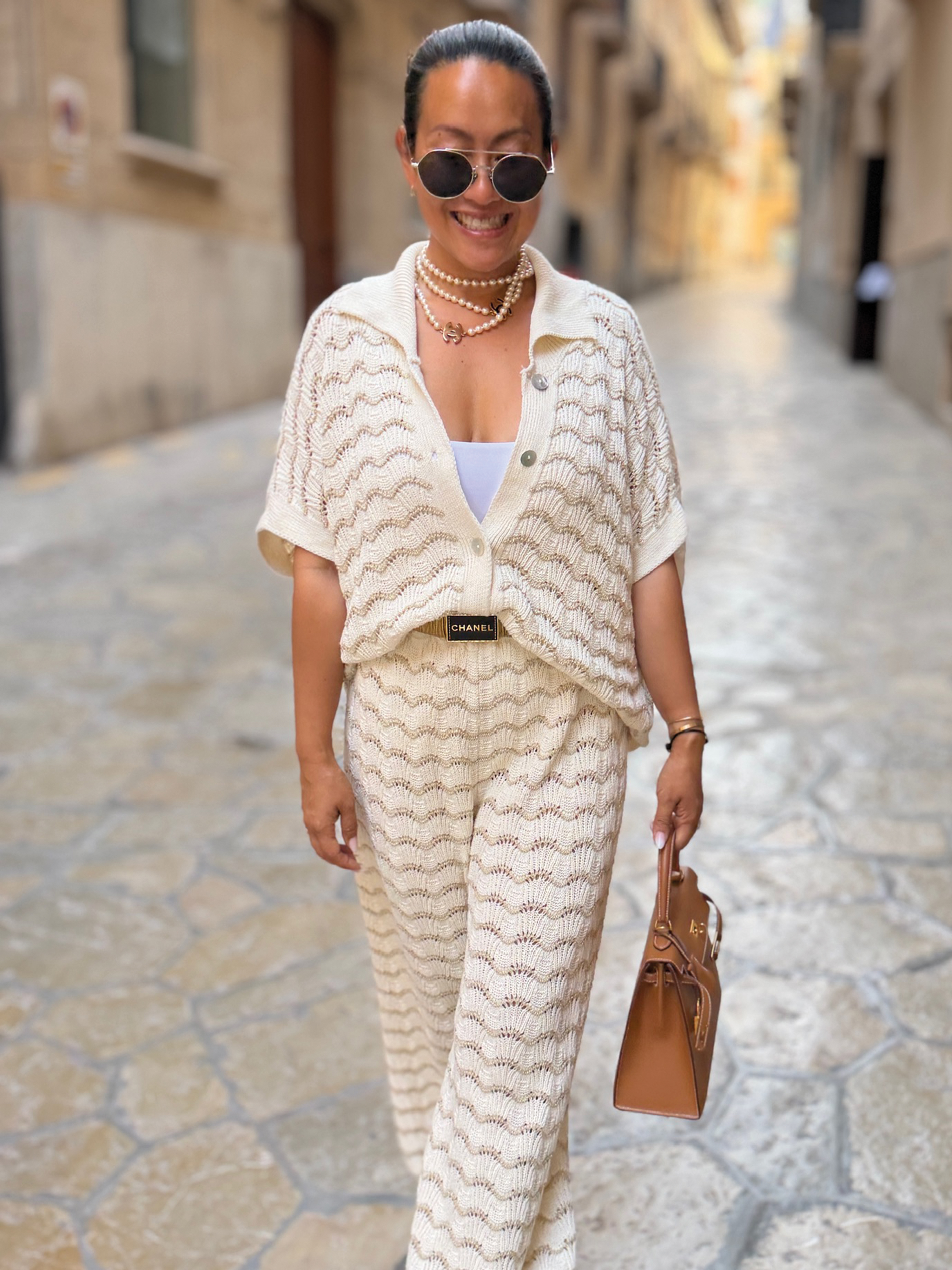 Palazzo Oversize Häkel Hose MANACOR - Stripes Creme/Gold