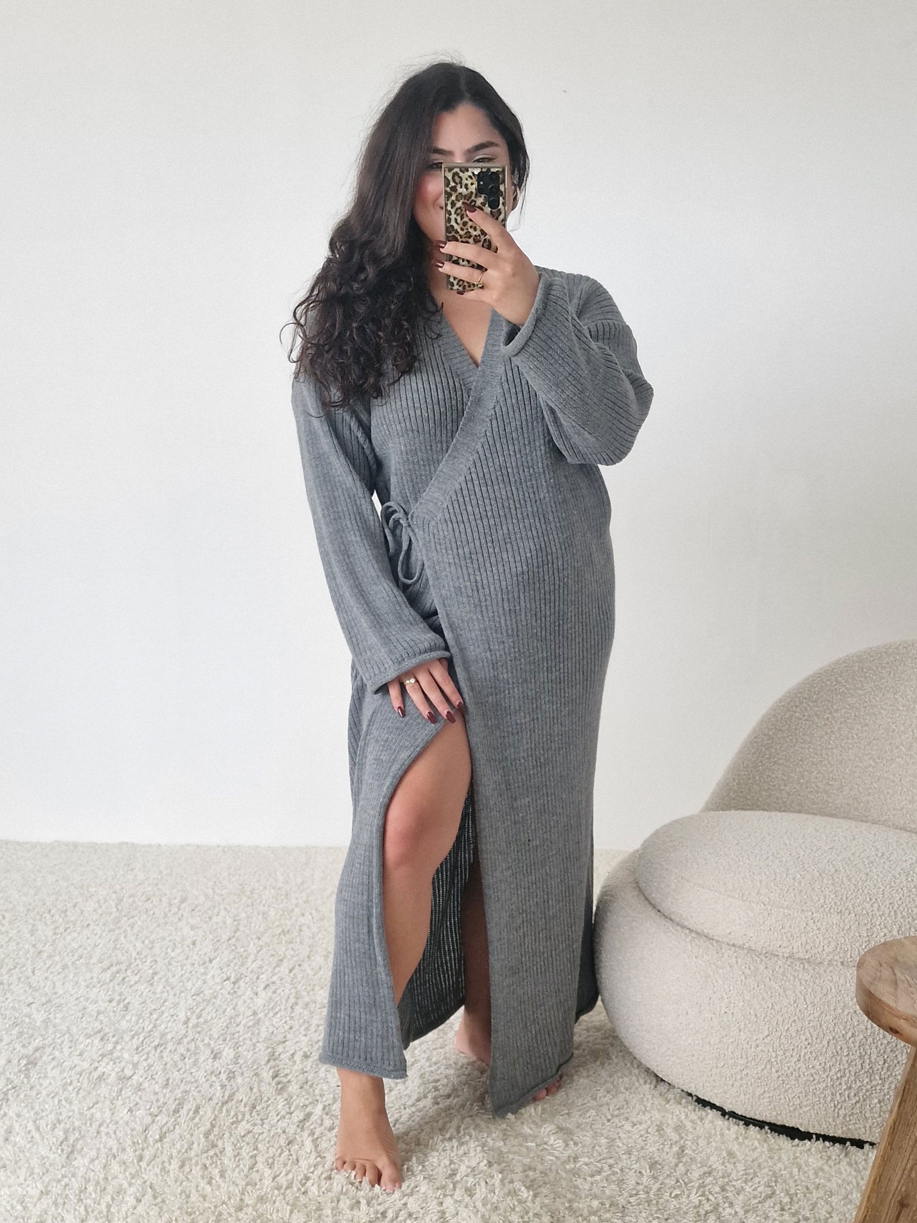 Cozy Strick Wickelkleid - Grau
