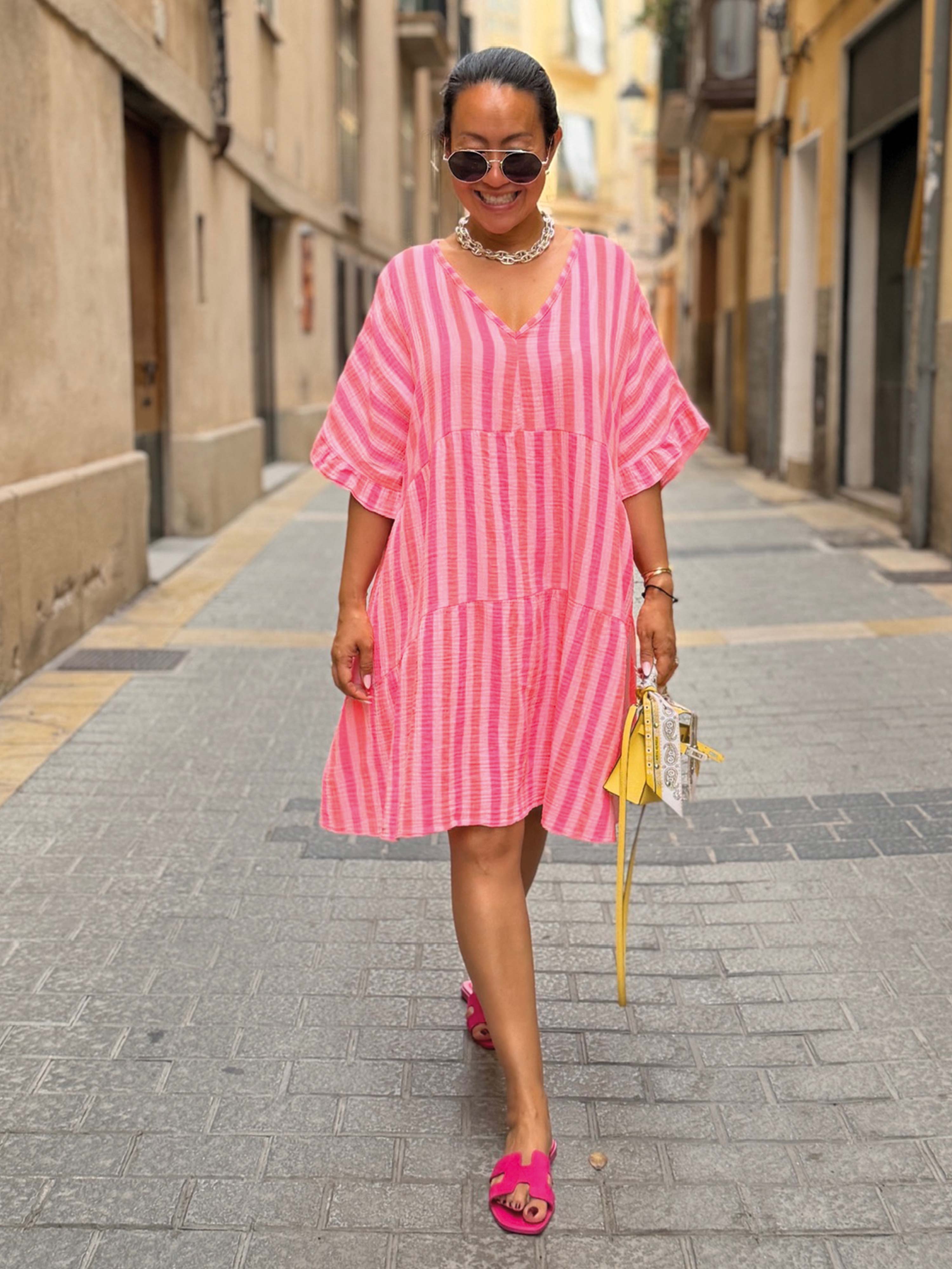 Musselin Tunika Midi mit V-Ausschnitt - STRIPES Candy