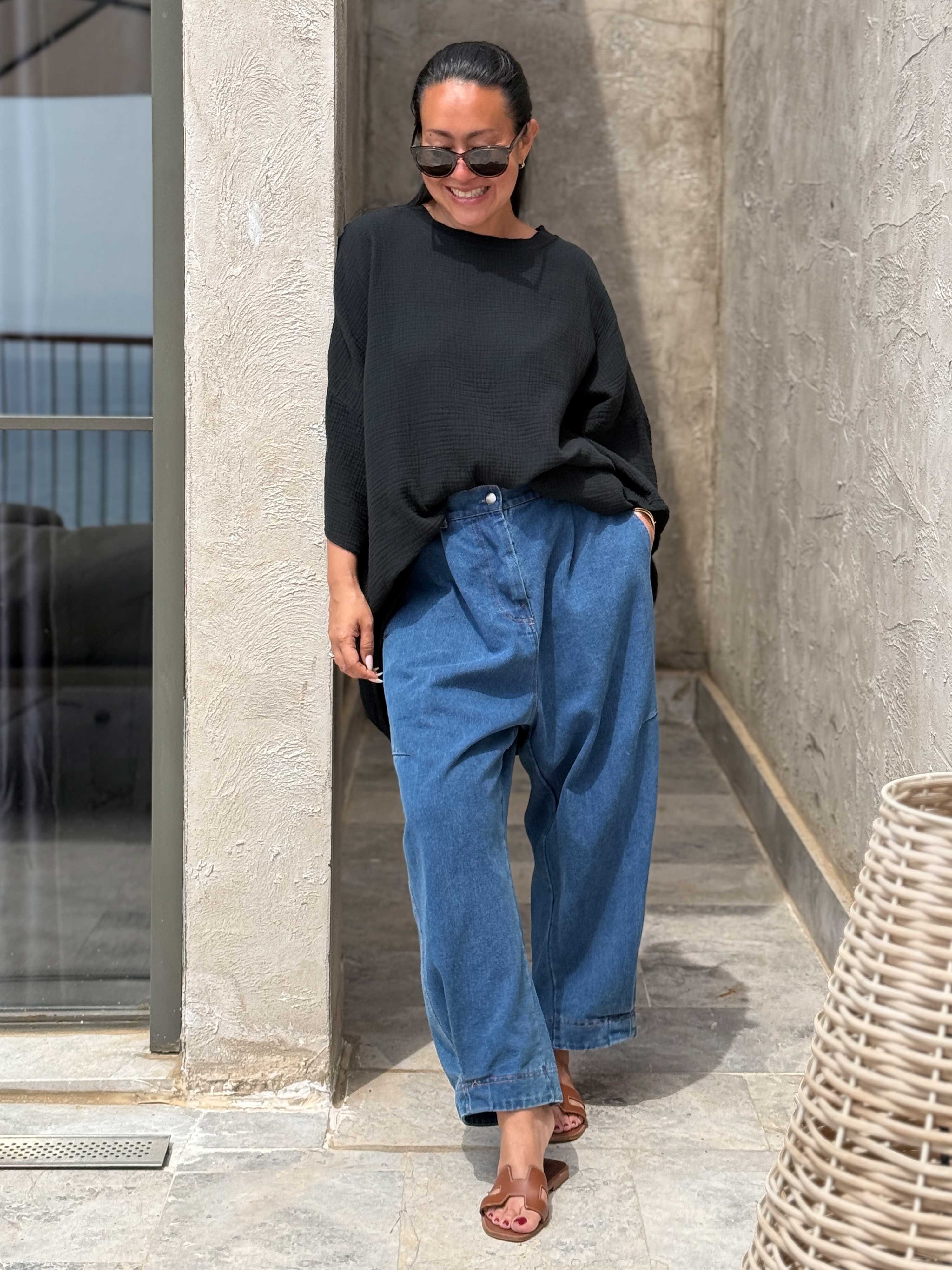 Musselin Oversize Kurzarm Shirt - Schwarz Musselin Oversize Kurzarm Shirt - Schwarz