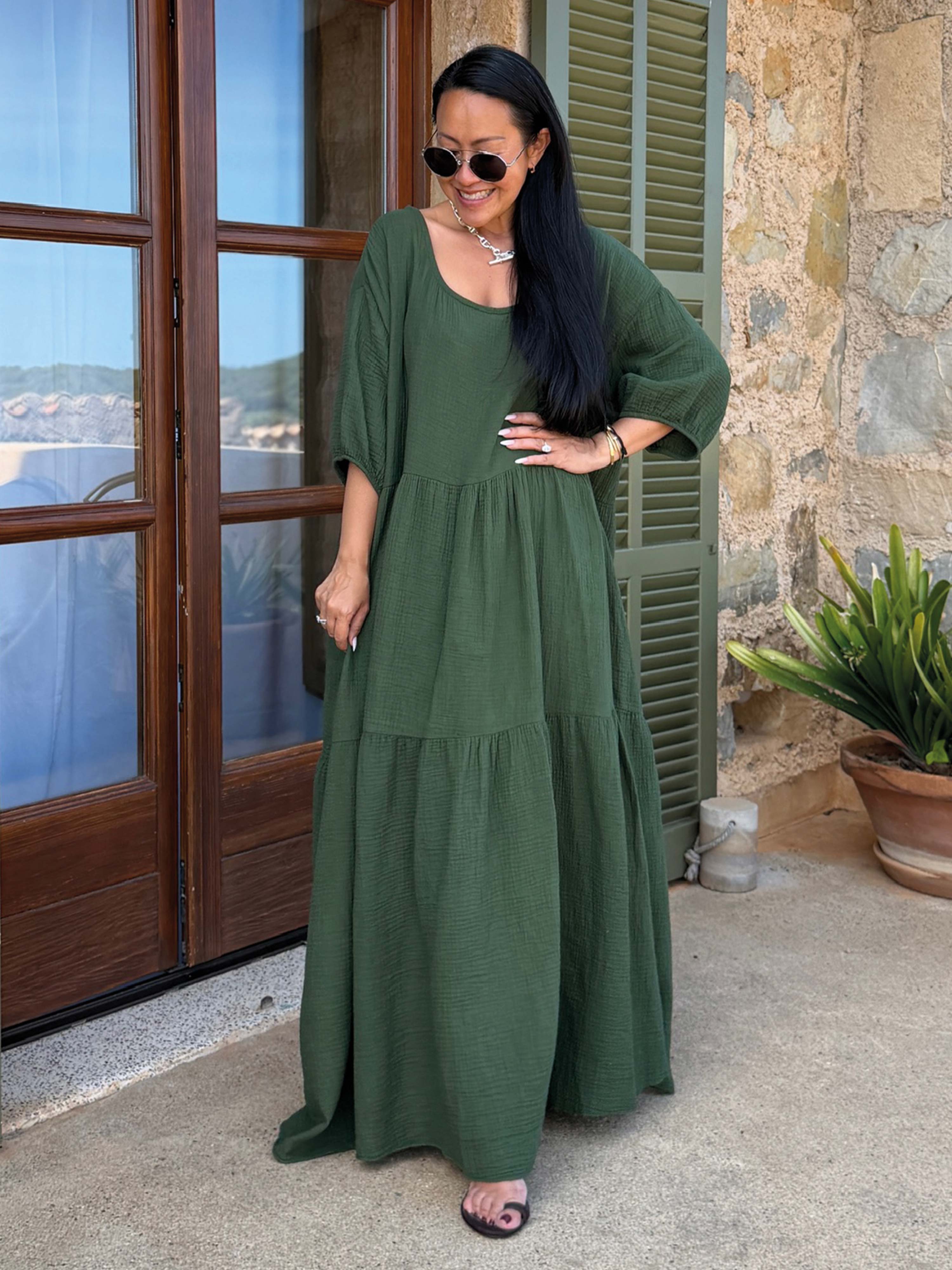 Oversize Musselin Kleid mit Rundhalsausschnitt - Olive