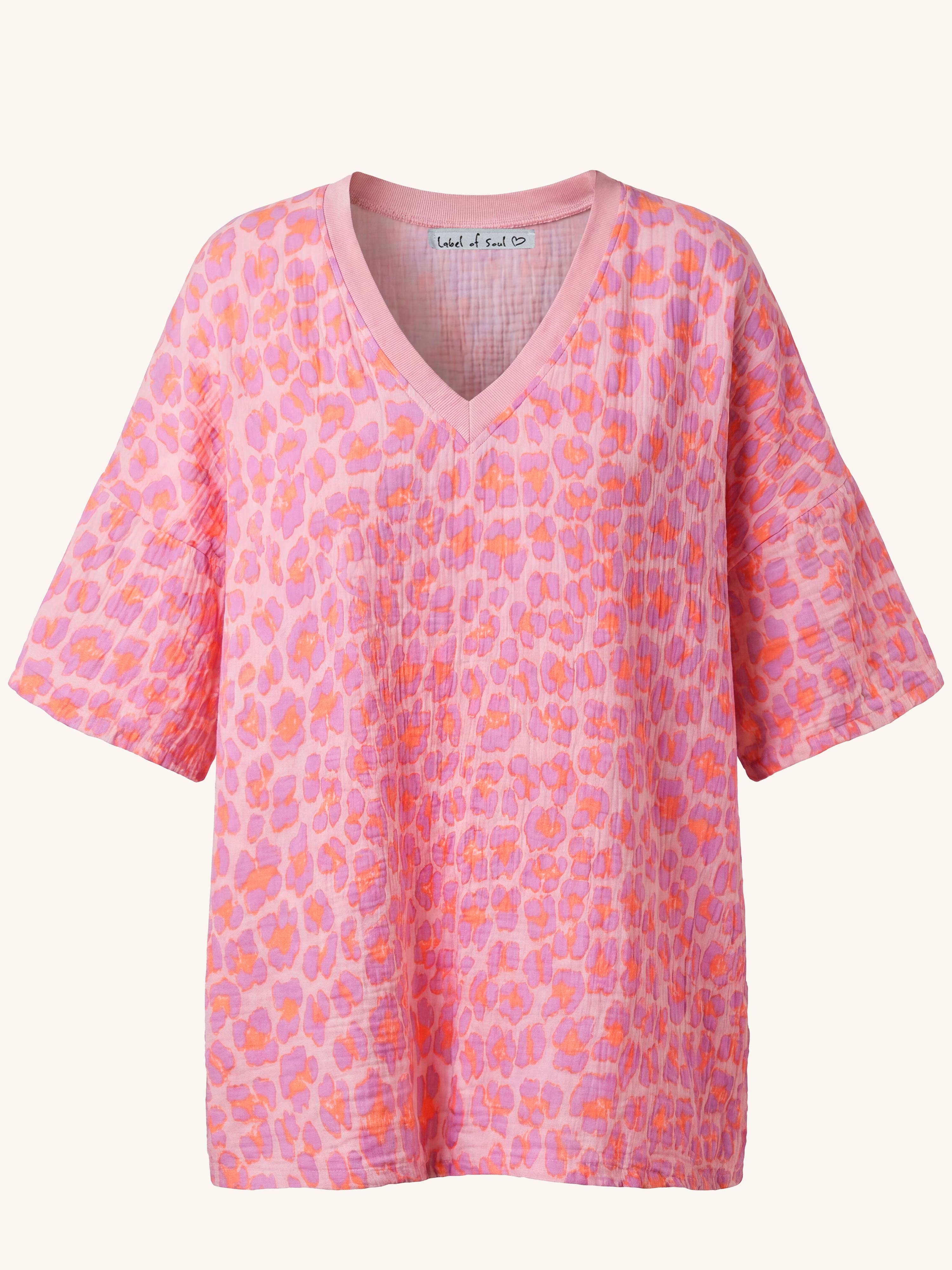 Musselin Oversize Kurzarm Shirt mit V-Ausschnitt - Leo Candy