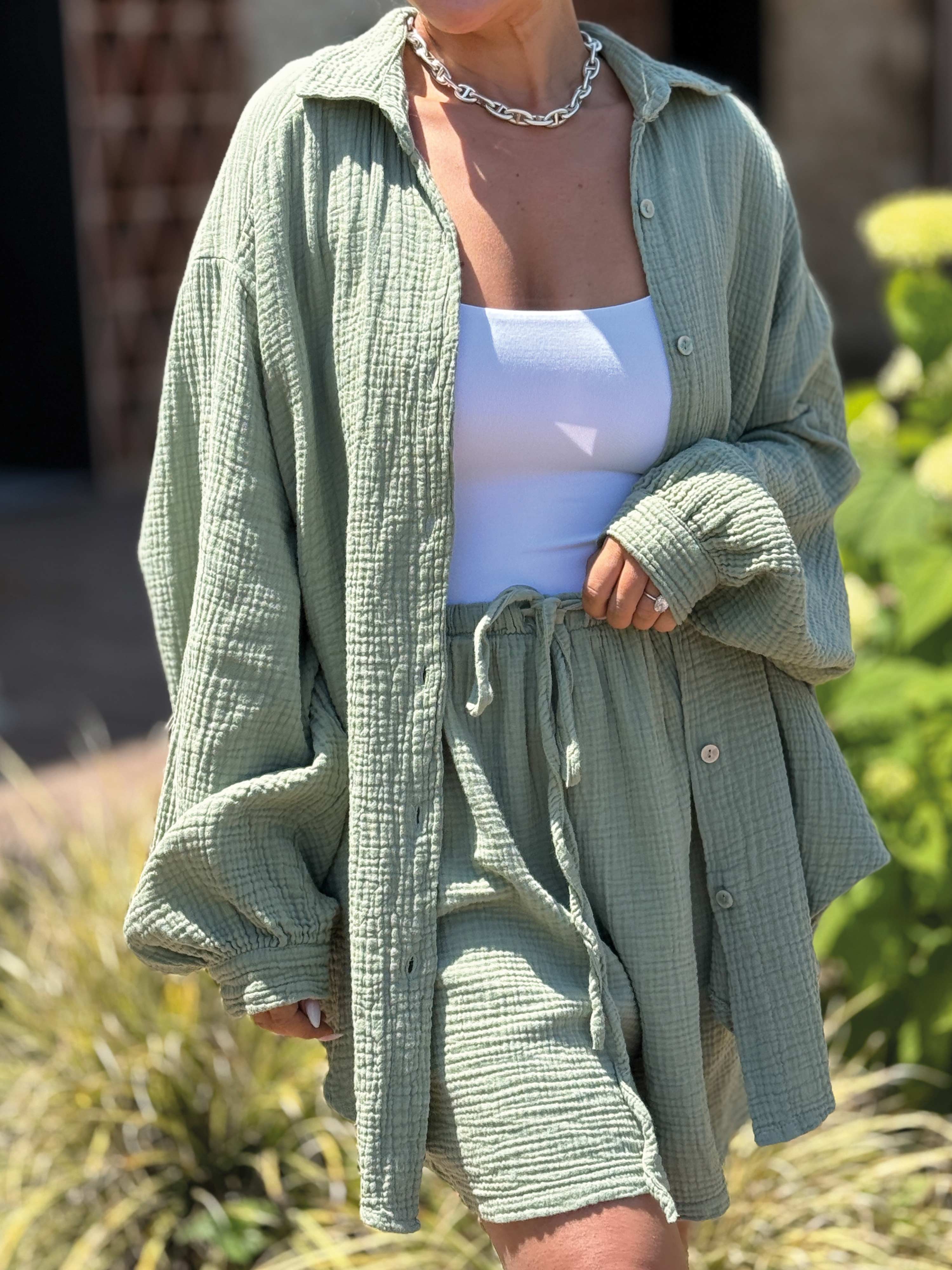 Musselin Midi Oversize Bluse - Matcha Musselin Midi Oversize Bluse - Matcha
