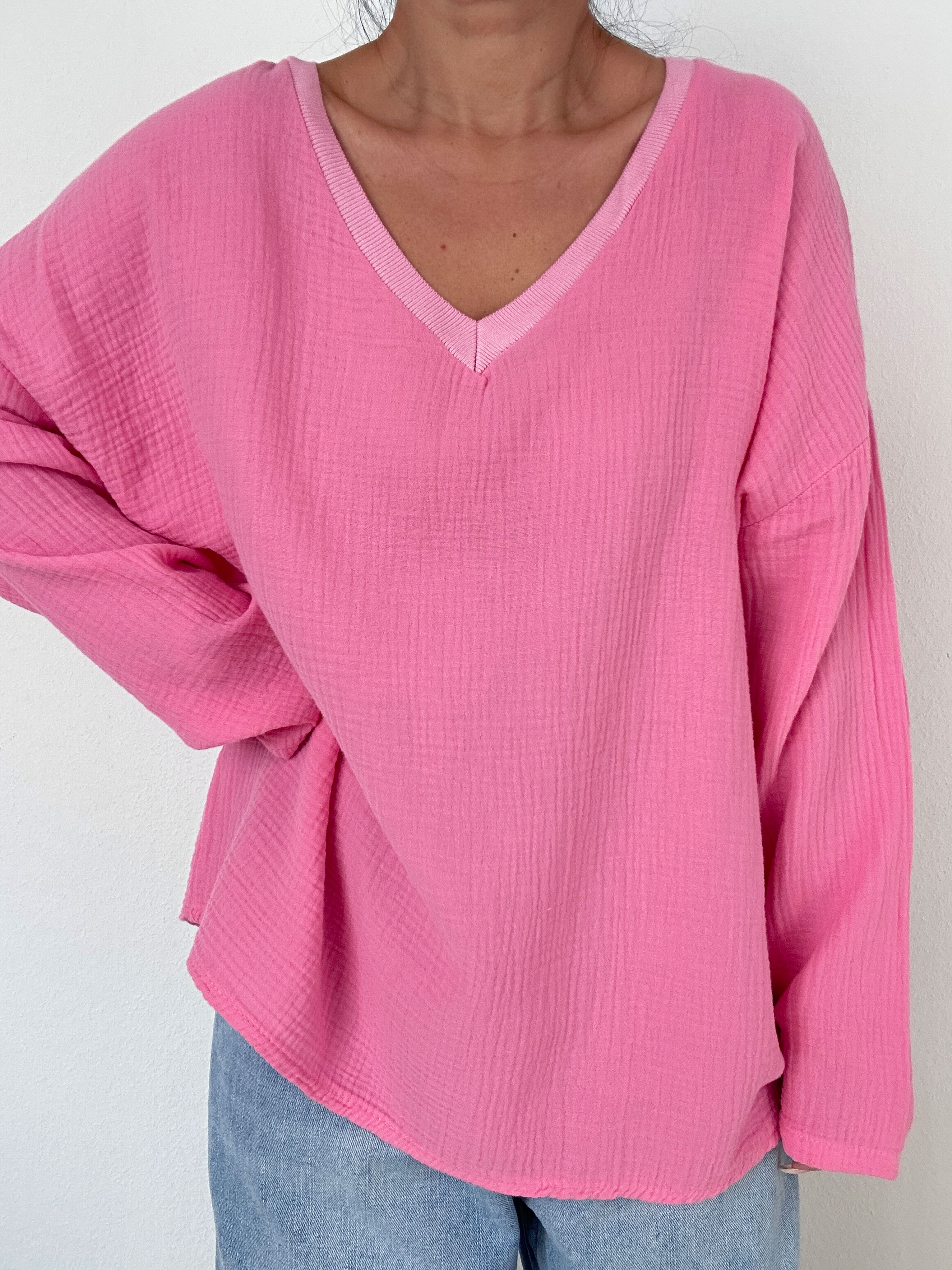 Musselin Sweatshirt mit V-Ausschnitt - Bubblegum Musselin Sweatshirt mit V-Ausschnitt - Bubblegum