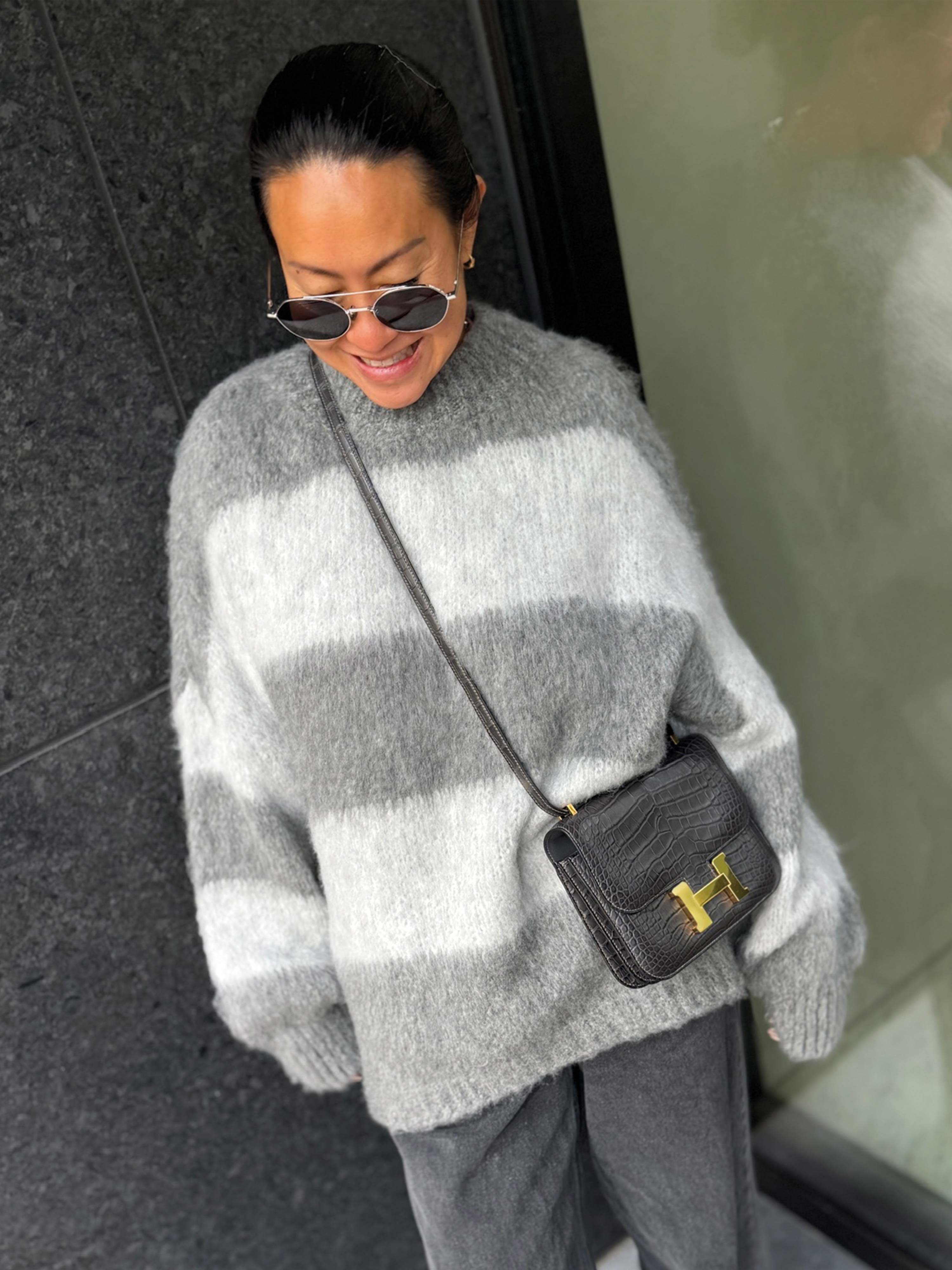Oversize Strickpullover mit Stehkragen FLUFFY - STRIPES - Anthrazit/Grau
