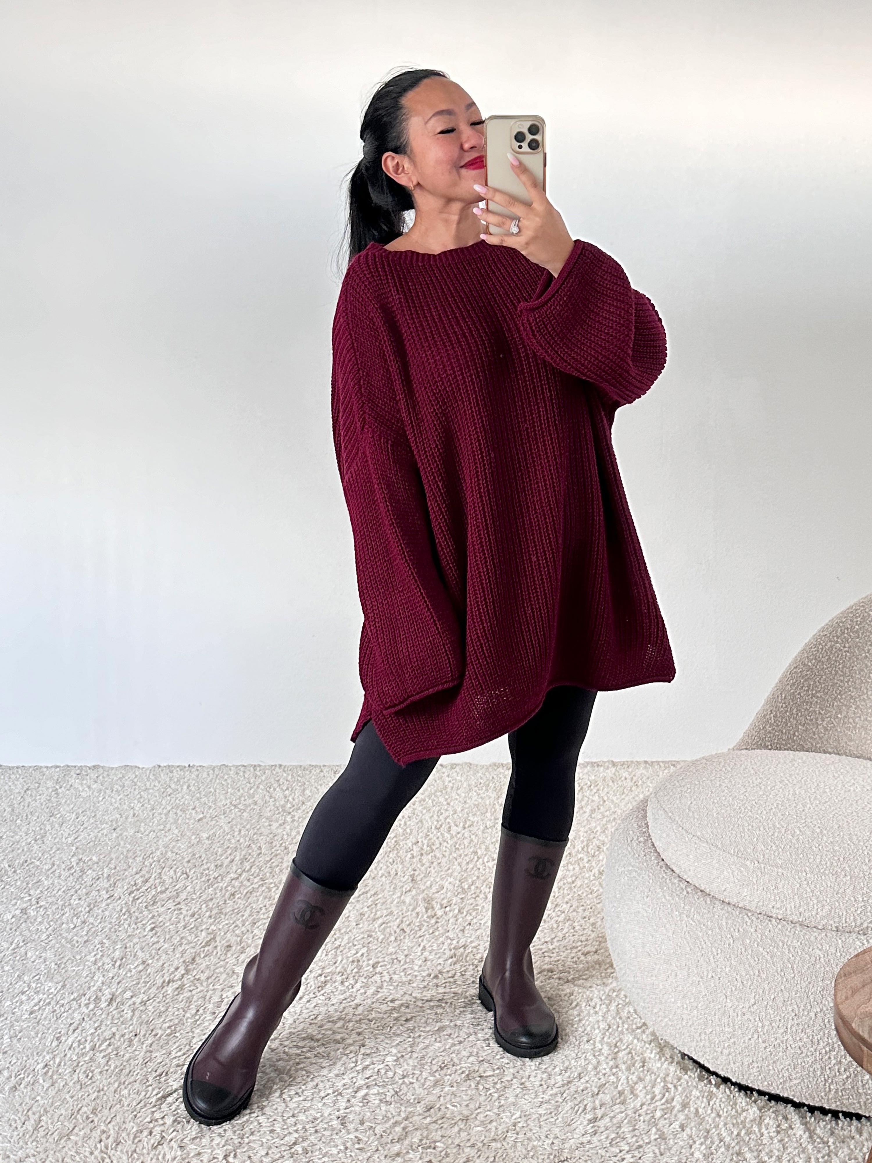 Schwerstrickpullover mit Seitenschlitz - Burgunder