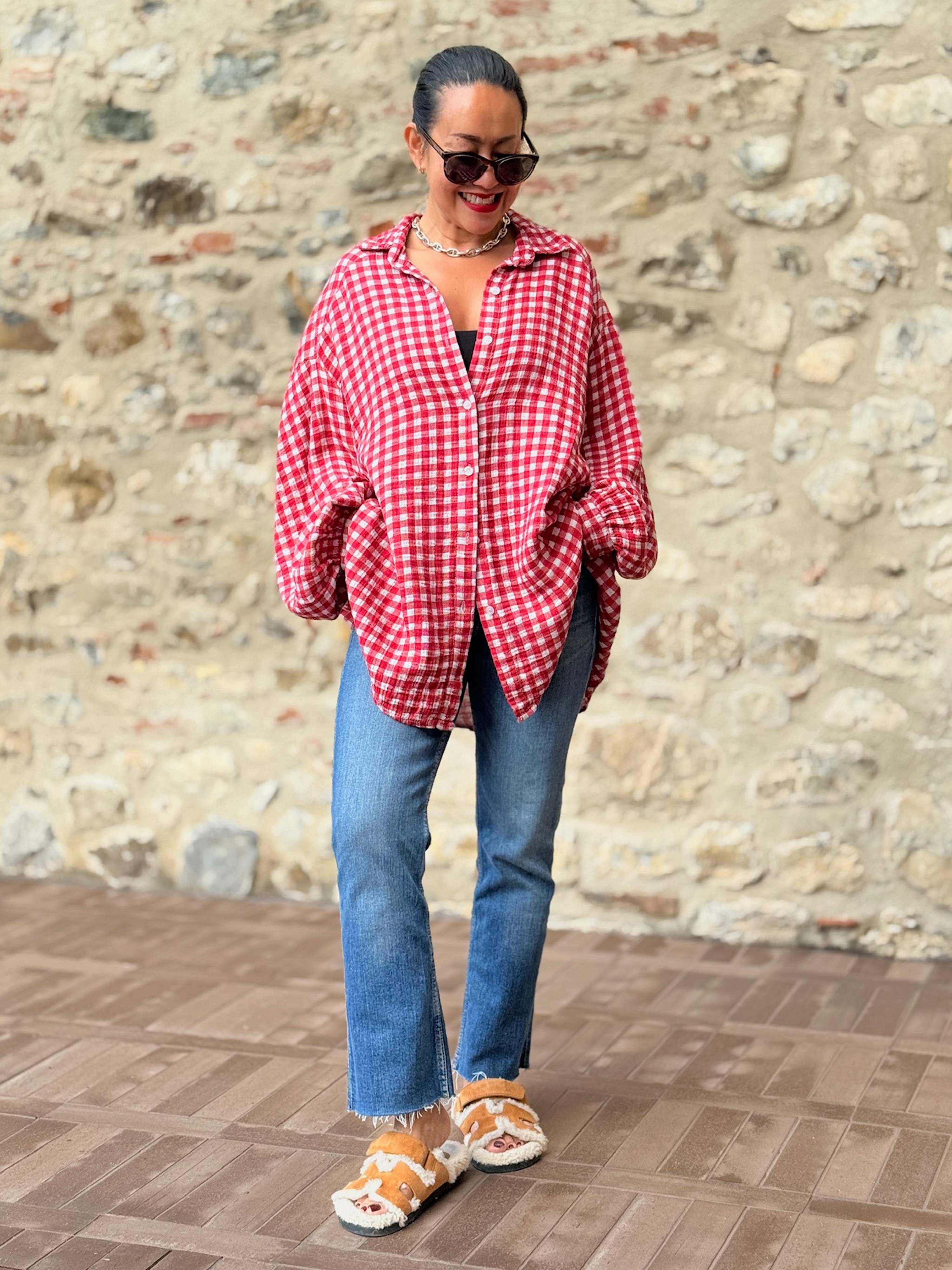 Musselin Midi Oversize Bluse - KARO Rot Musselin Midi Oversize Bluse - KARO Rot