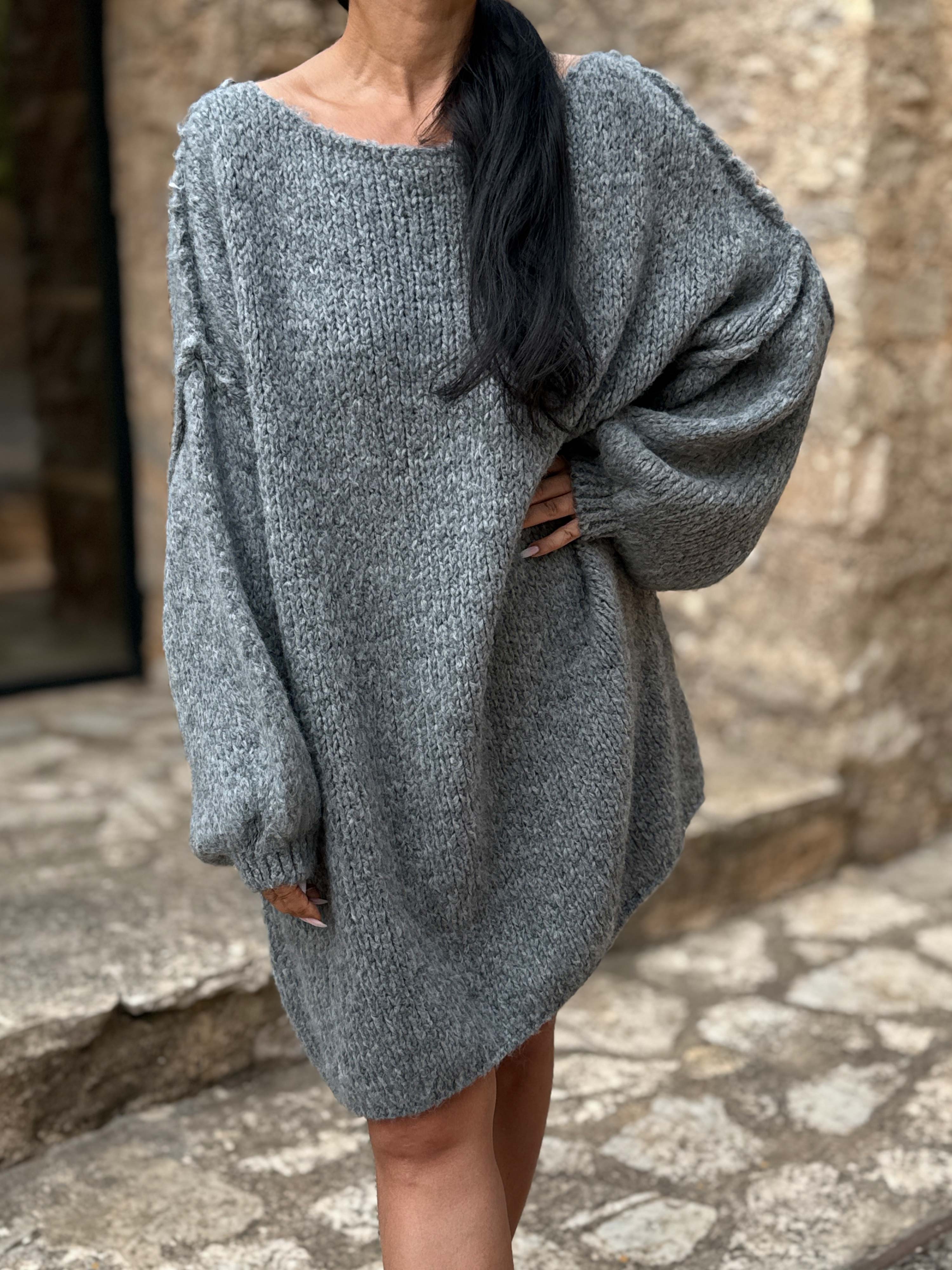 Oversize Long Strickpullover - FLAUSCHI - Anthrazit
