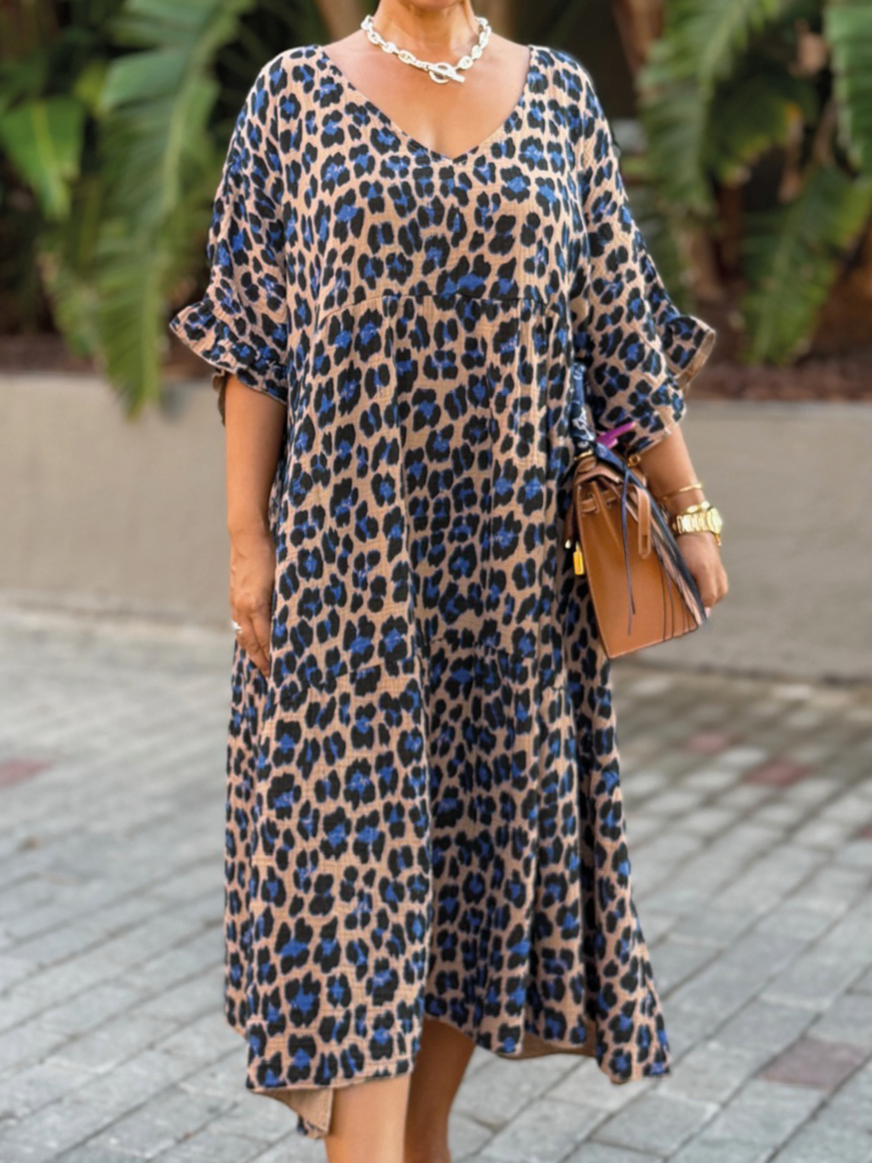 Musselin Tunika Long mit V-Ausschnitt - Leo Royalblau/Camel