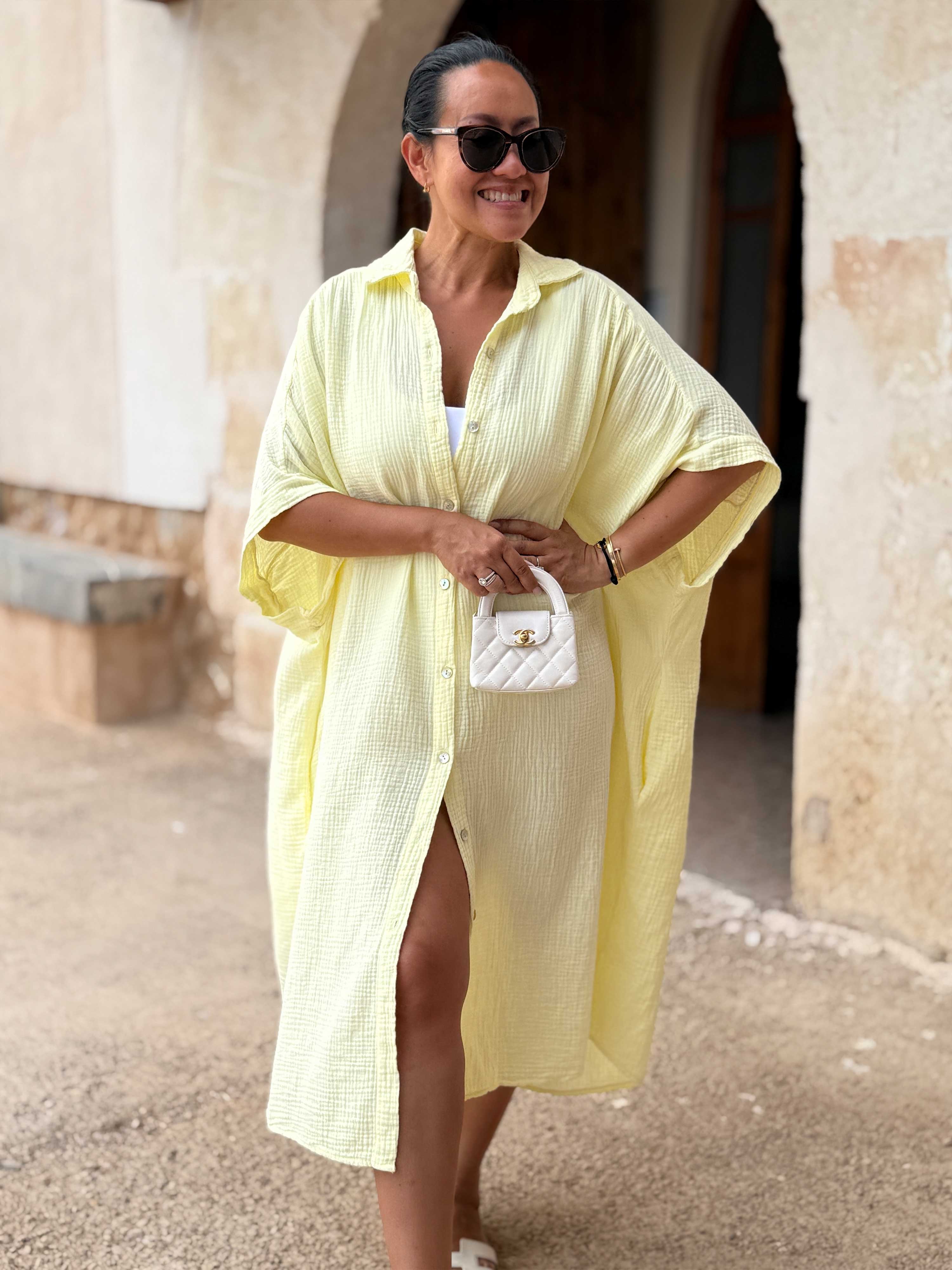Musselin Oversize Kurzarm Blusenkleid - LANA - Butter Yellow Musselin Oversize Kurzarm Blusenkleid - LANA - Butter Yellow