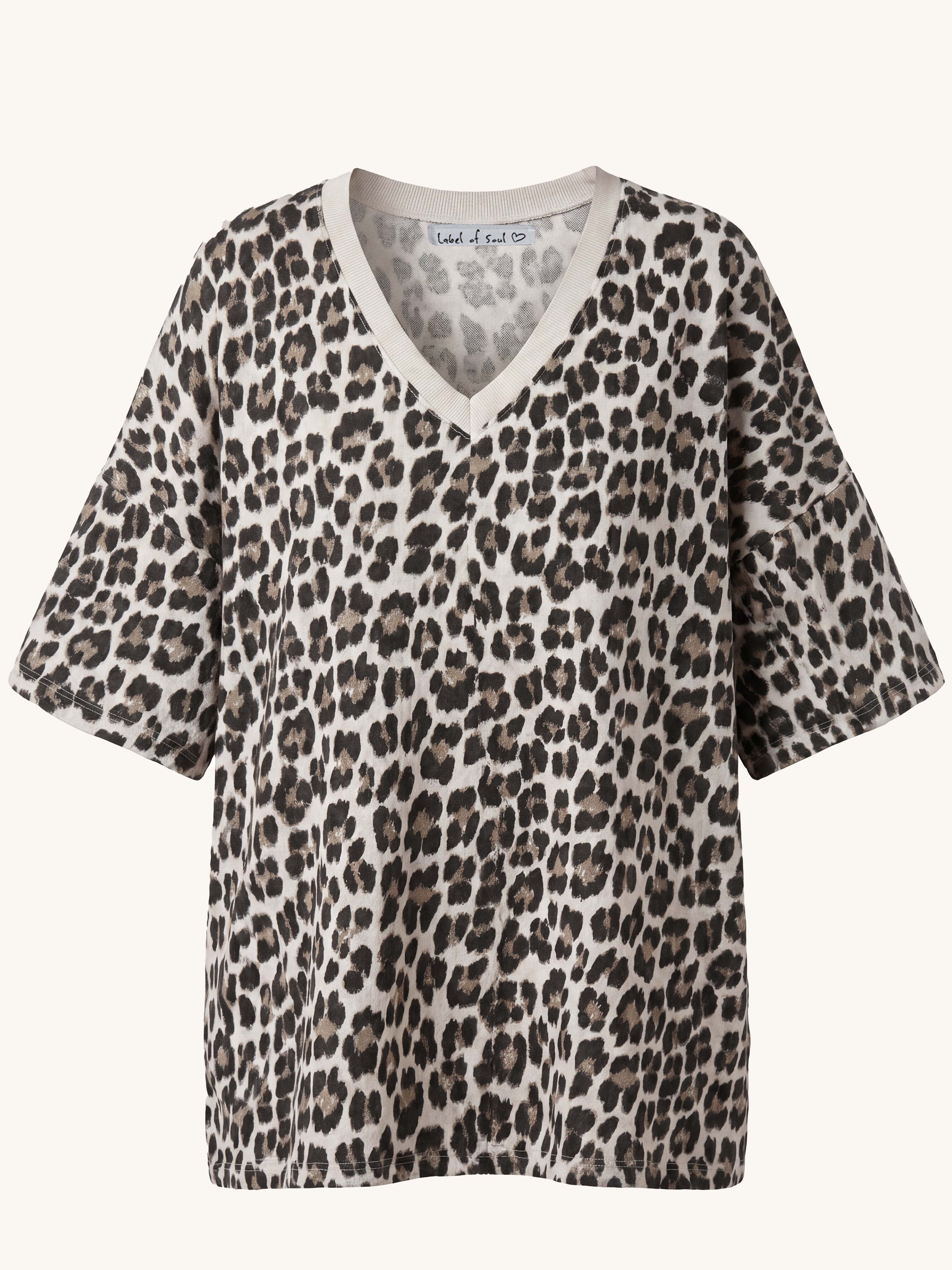 Musselin Oversize Kurzarm Shirt mit V-Ausschnitt - Leo Beige