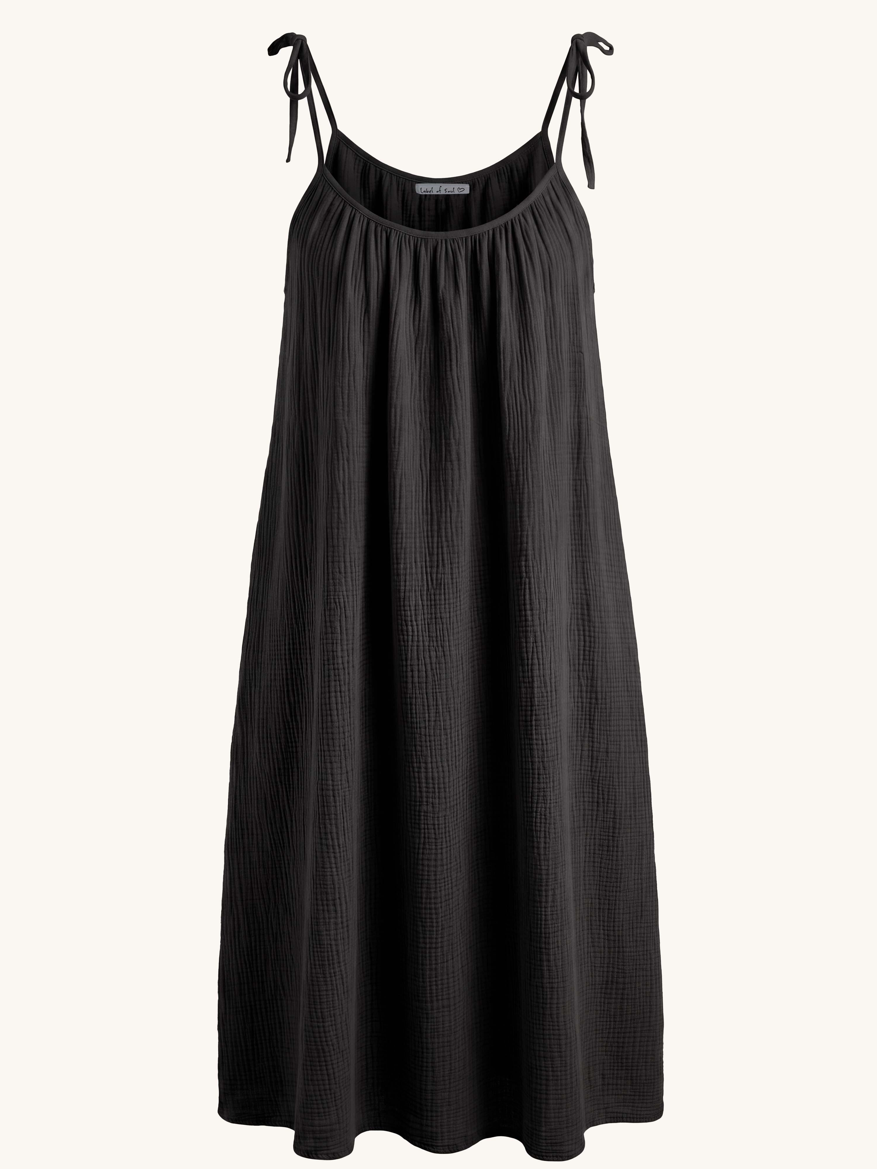 Musselin Trägerkleid LONG mit Taschen - ALISA - Schwarz