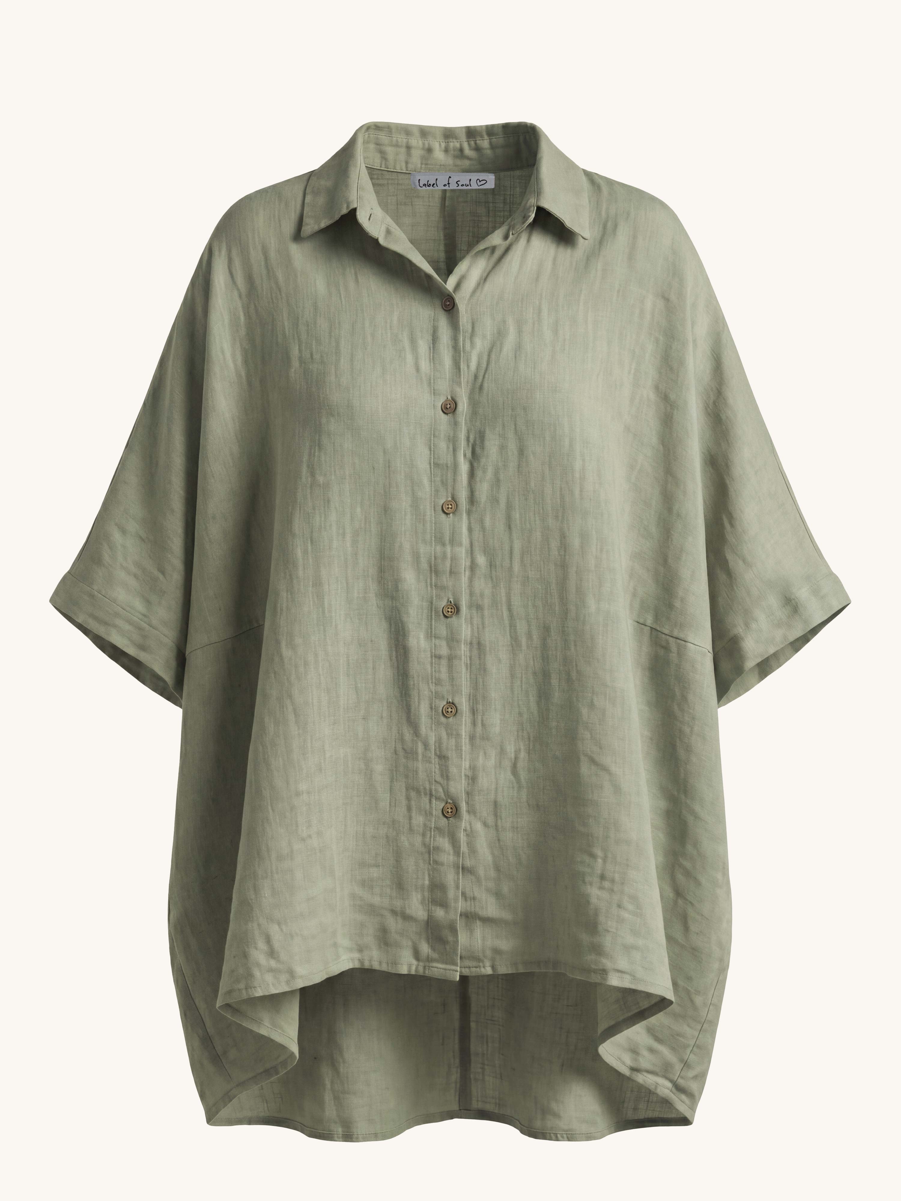 Leinen Oversize Vokuhila Kurzarm Bluse - Matcha