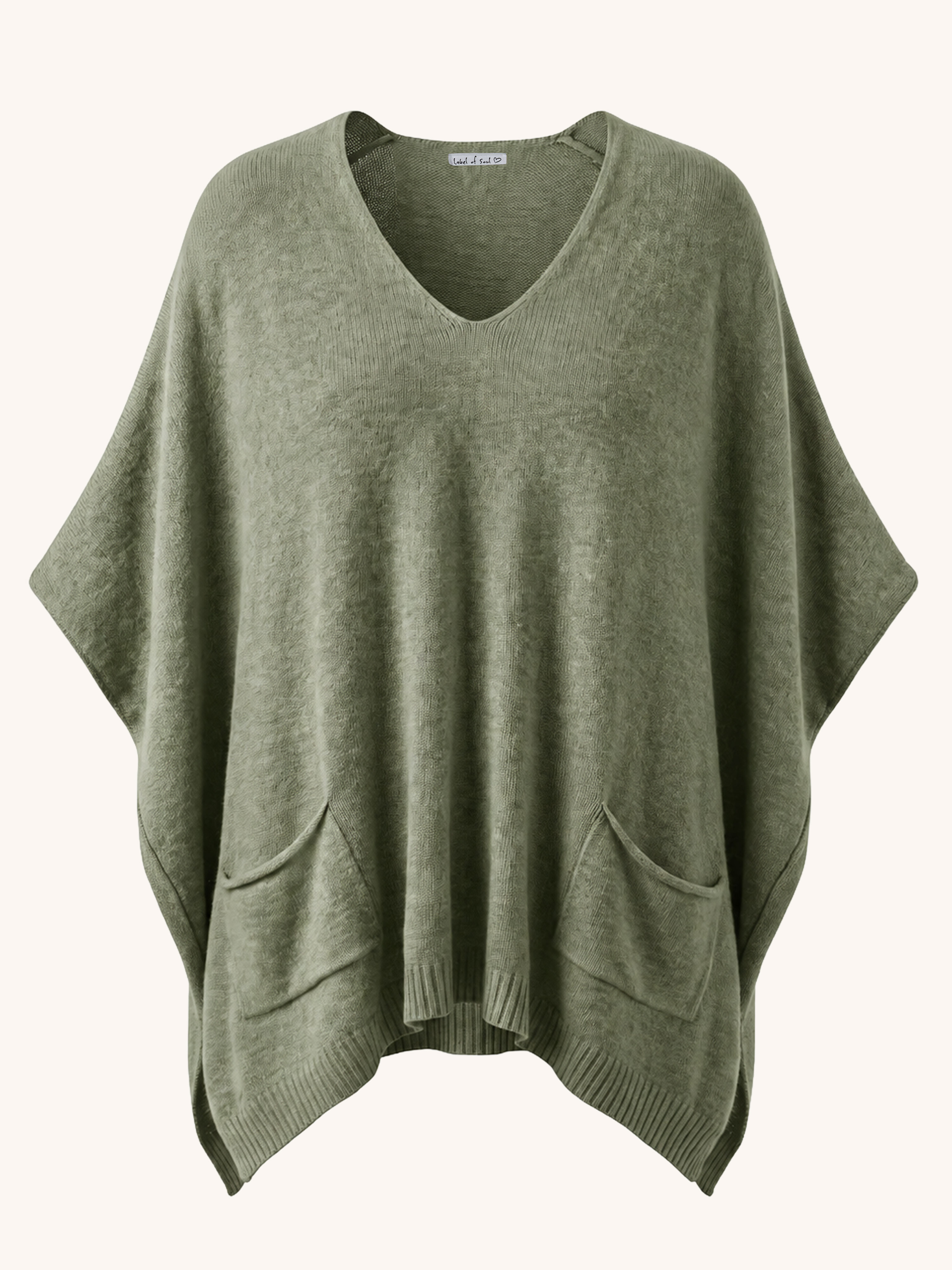 Oversize Viskose Strick Poncho mit V-Ausschnitt - Matcha