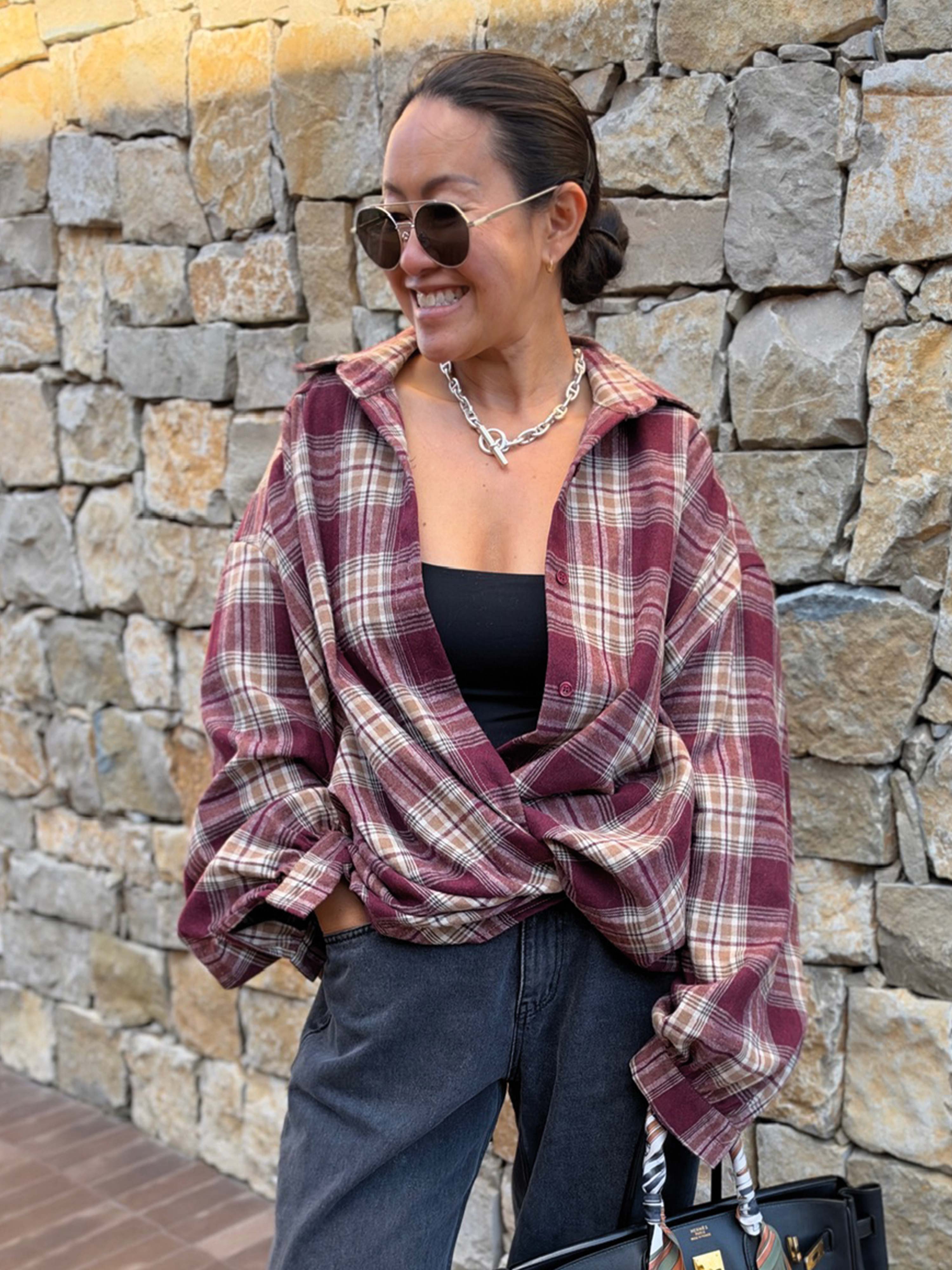 Oversize Long Flanell-Karobluse - Rouge