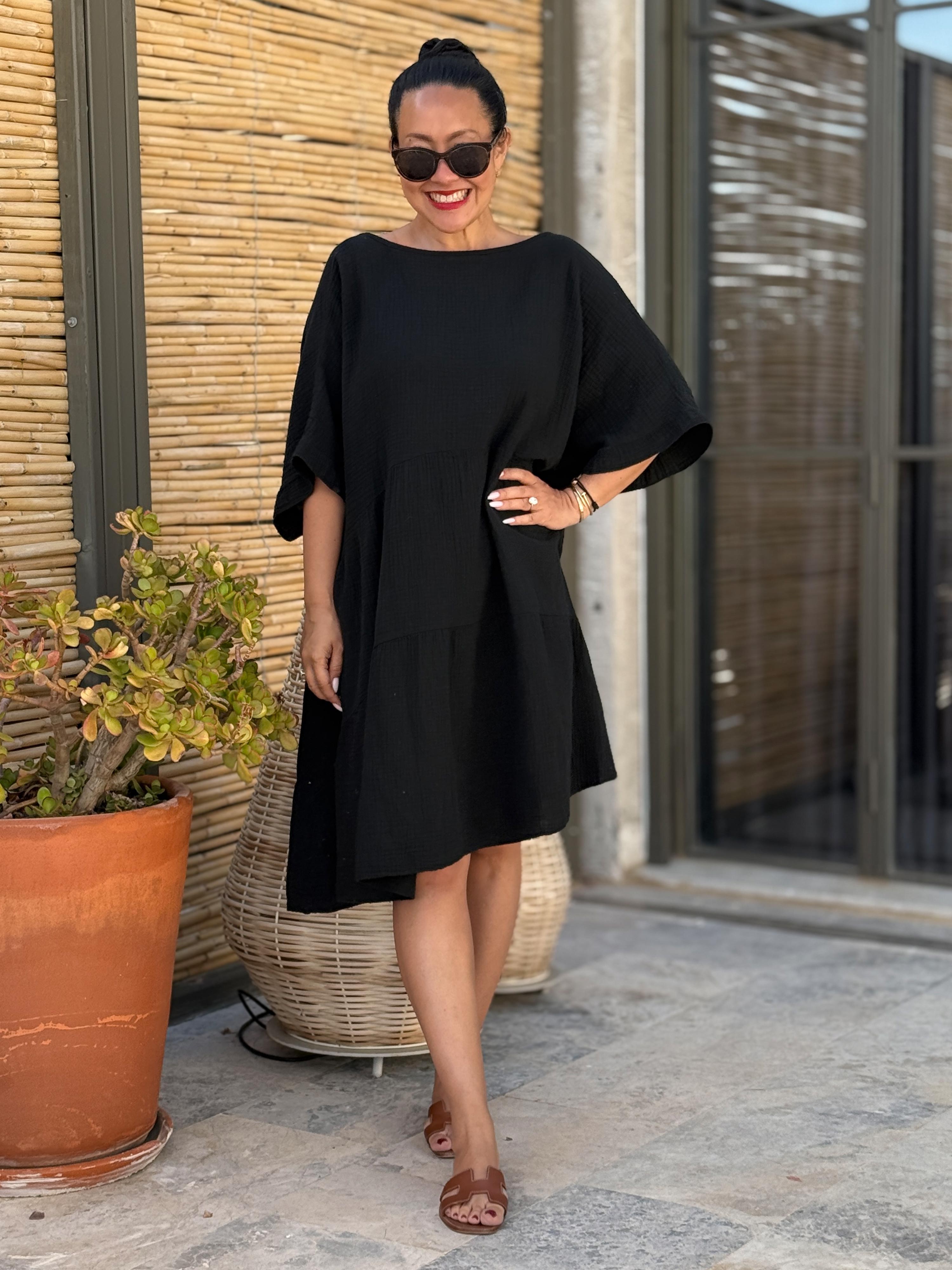 Musselin Tunika Midi mit V-Ausschnitt - Schwarz Musselin Tunika Midi mit V-Ausschnitt - Schwarz