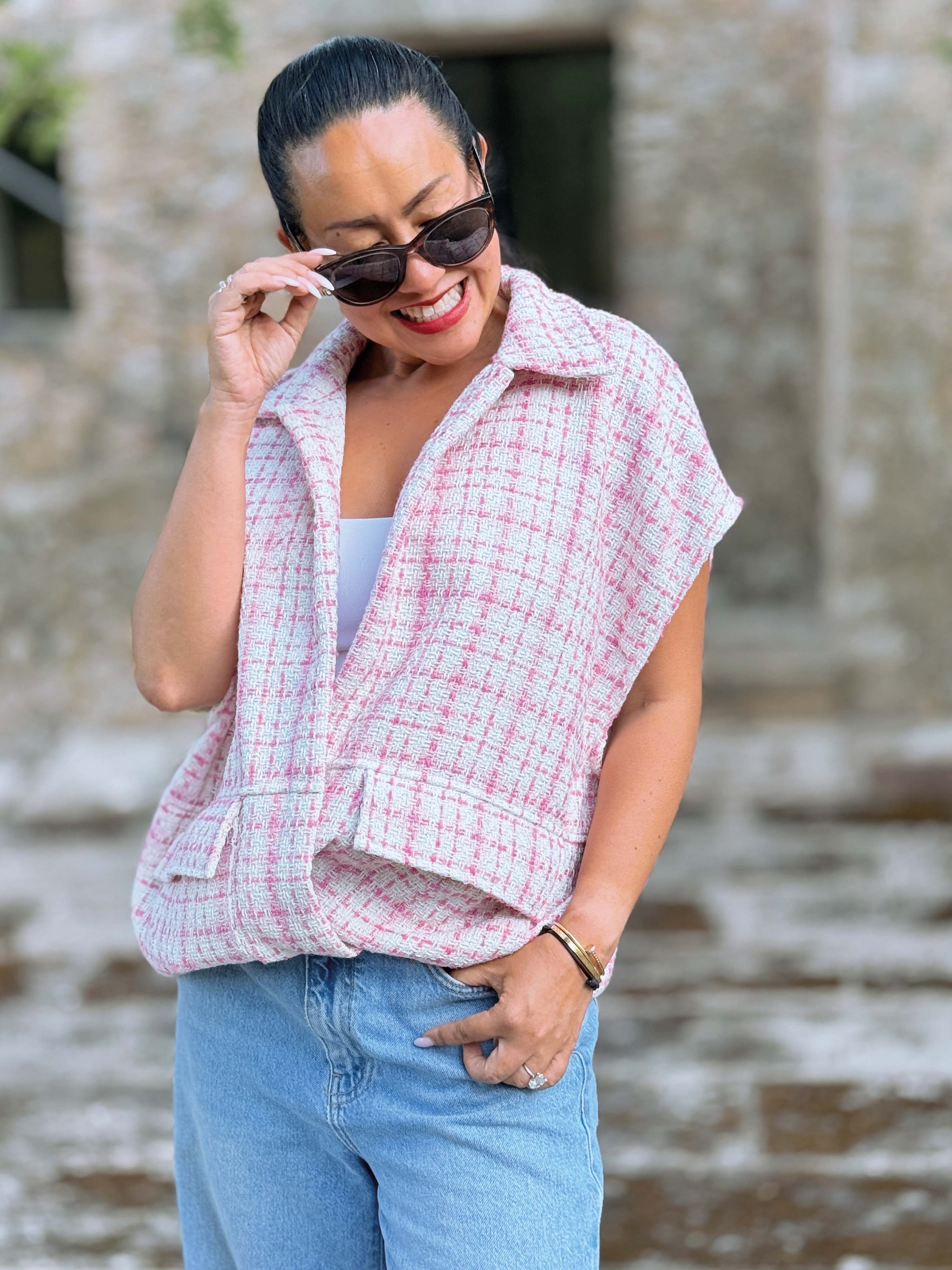 Bouclé Kurzarm Weste - Rosa Bouclé Kurzarm Weste - Rosa