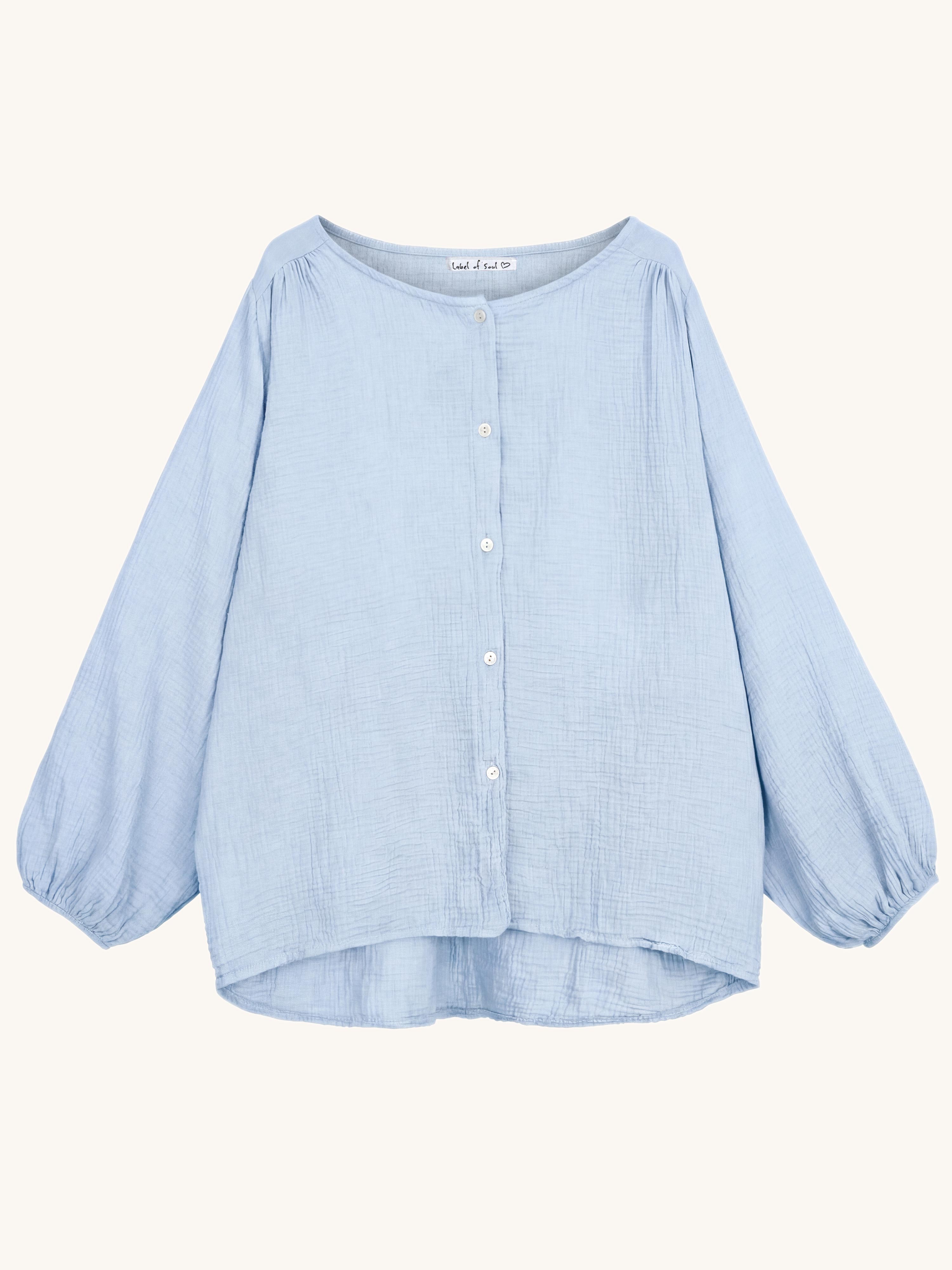 Musselin Oversize Bluse mit Rundhalsausschnitt - Babyblau