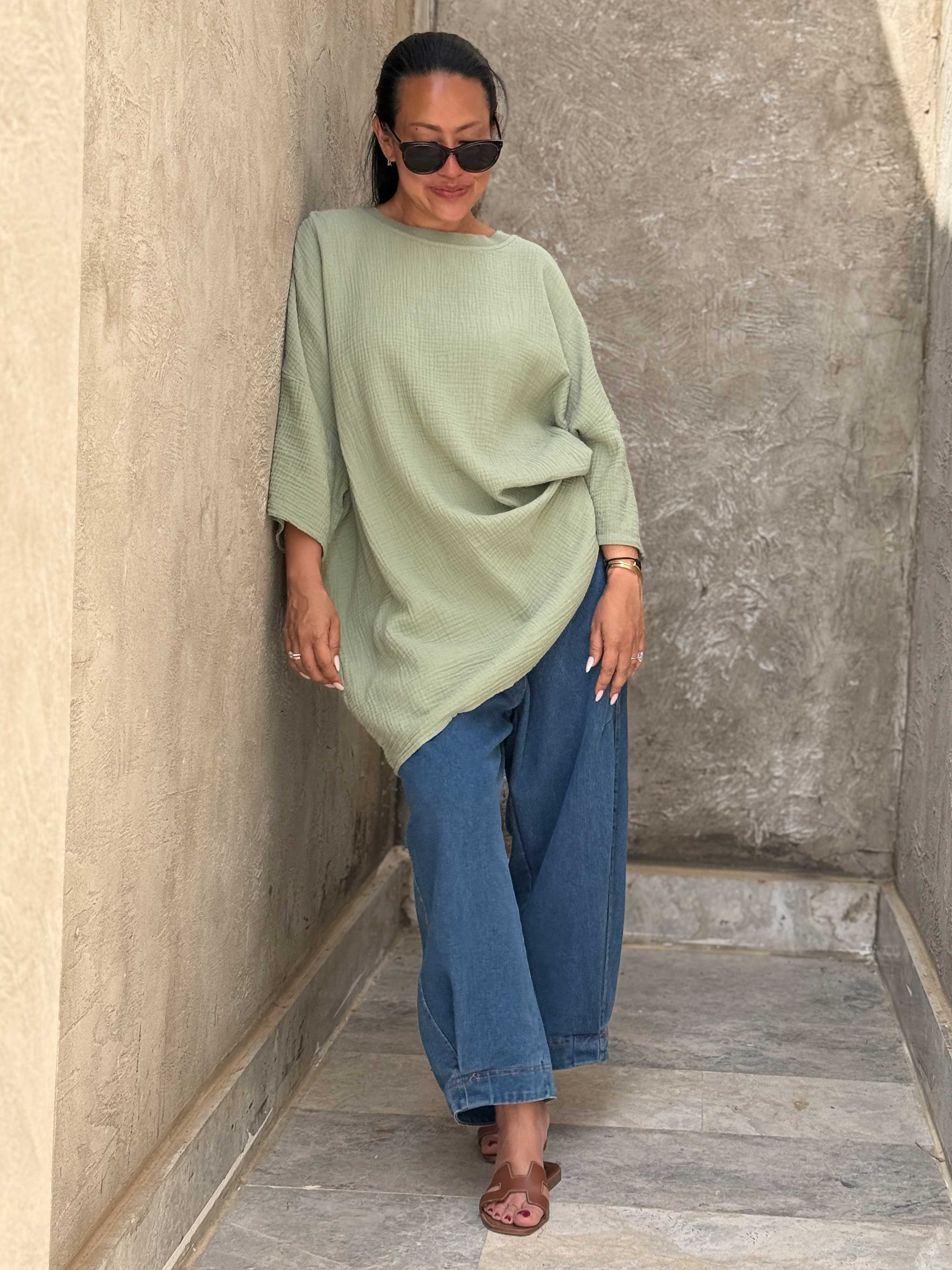 Musselin Oversize Kurzarm Shirt - Matcha