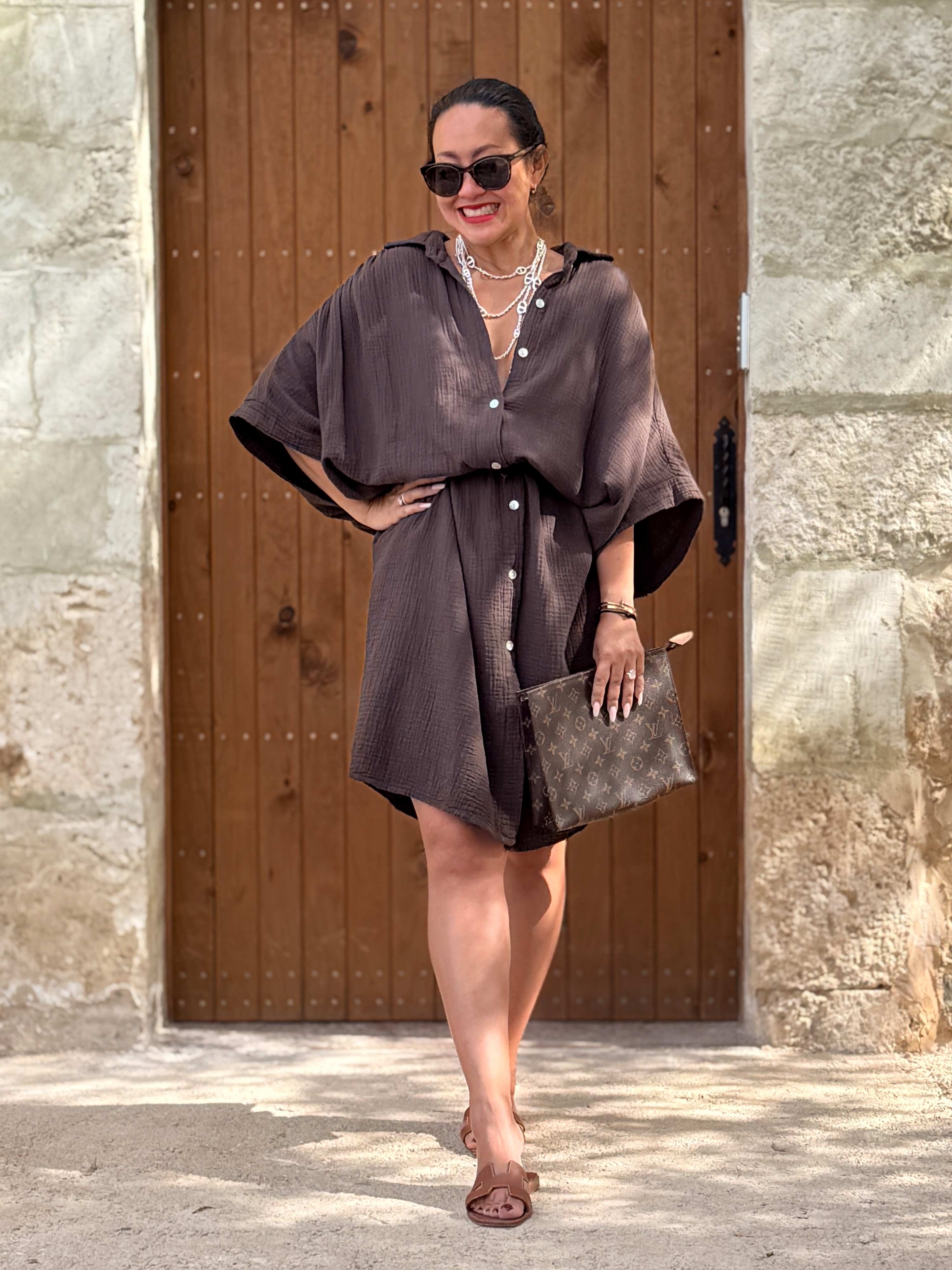 Musselin Oversize Kurzarm Blusenkleid - LANA - Schoko