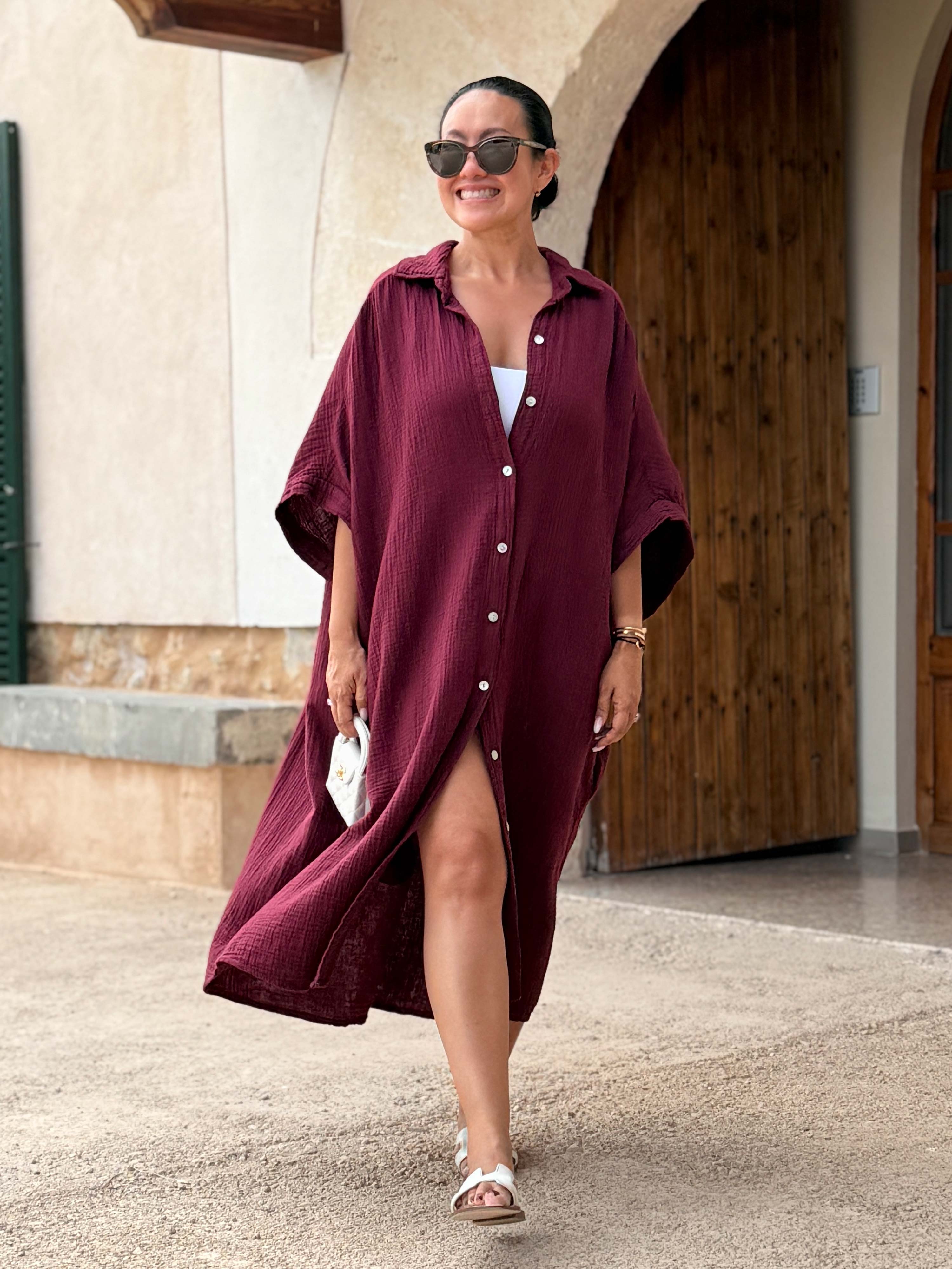 Musselin Oversize Kurzarm Blusenkleid - LANA - Burgunder Musselin Oversize Kurzarm Blusenkleid - LANA - Burgunder