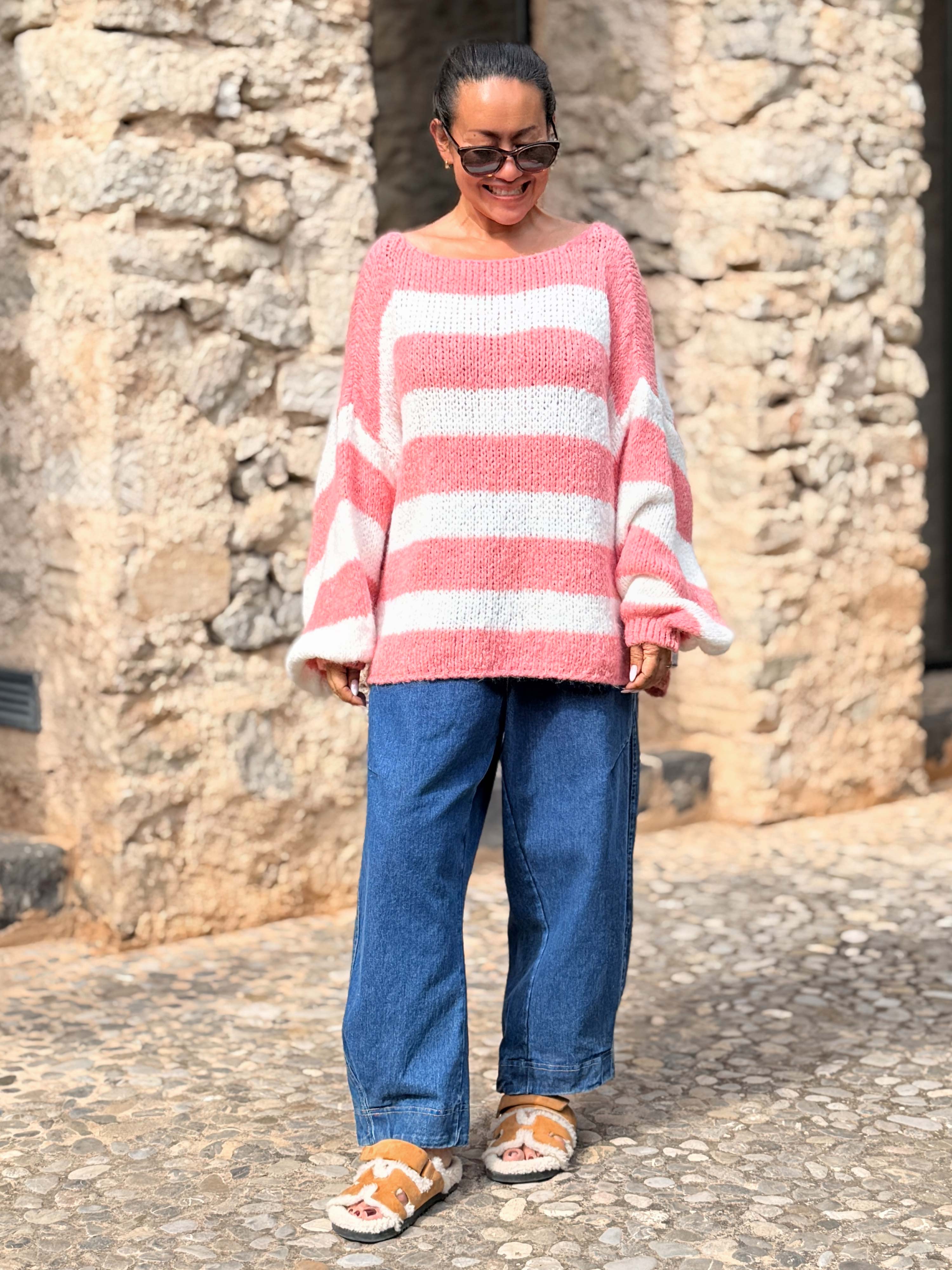 Oversize Cropped Strickpullover - FLAUSCHI - STRIPES - Koralle