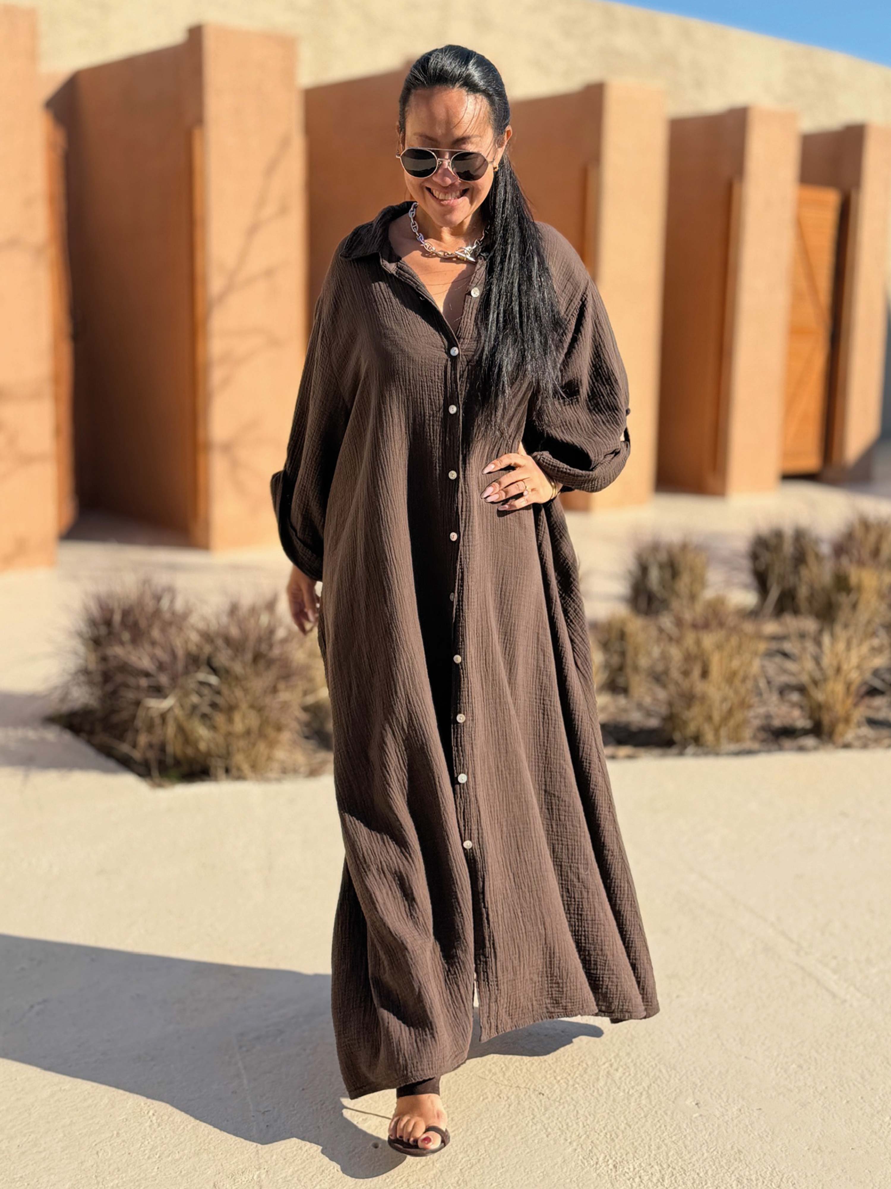 Musselin Oversize Blusenkleid - A-Form mit Seitentaschen - Schoko