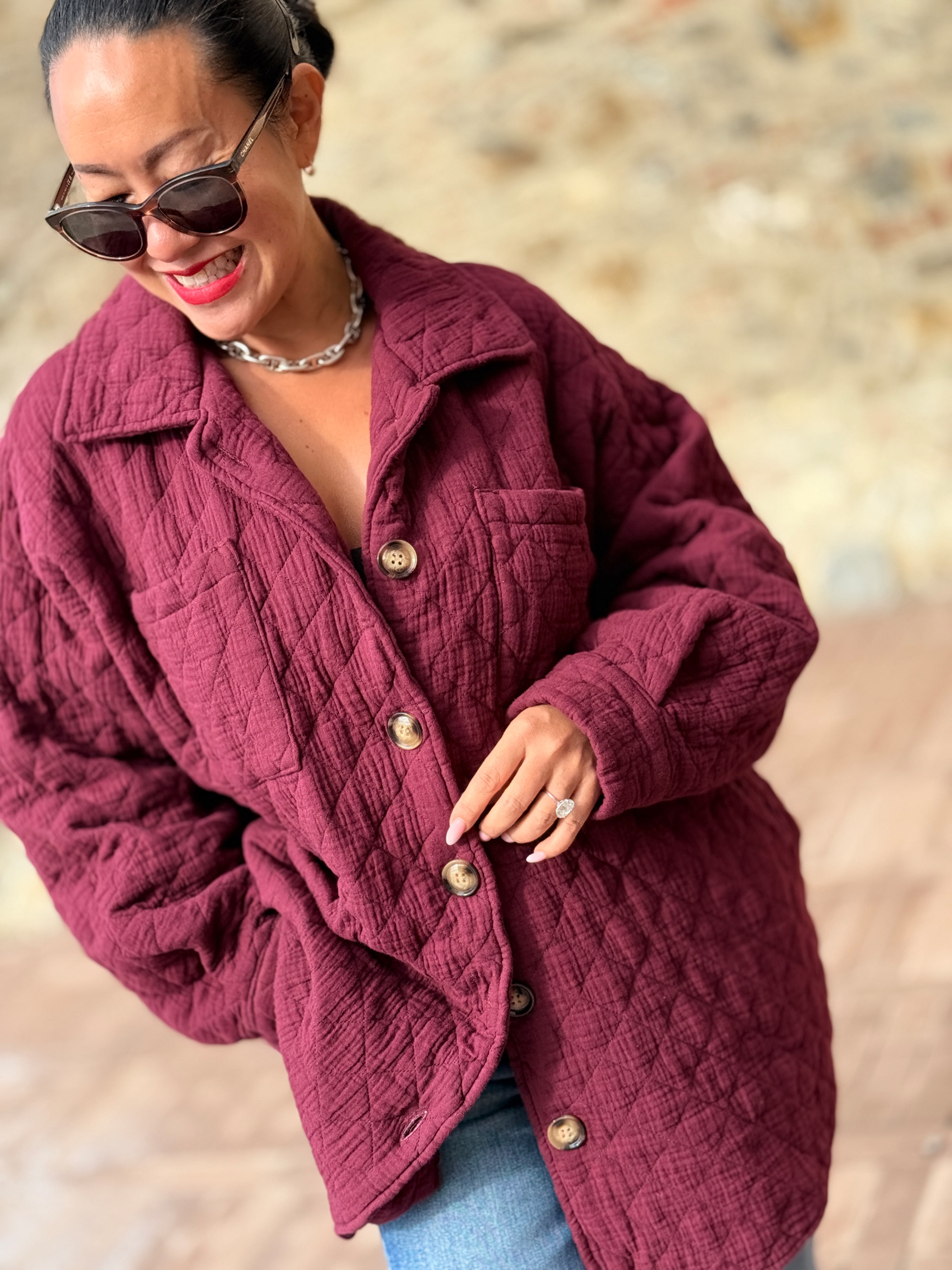 Gefütterte Oversize Musselin Overshirt Jacke - Burgundy