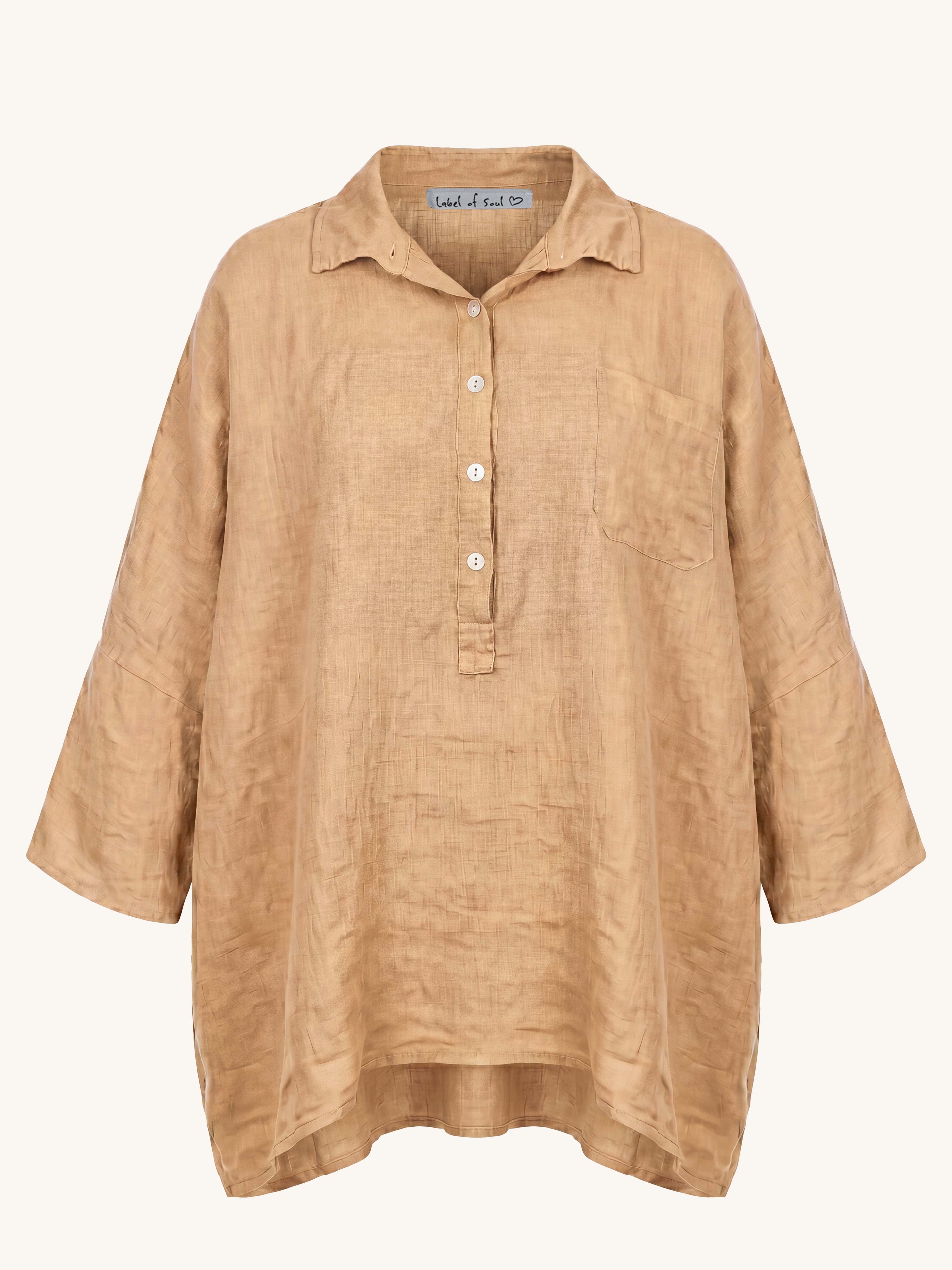 Leinen Oversize Bluse mit Seitentaschen - Camel