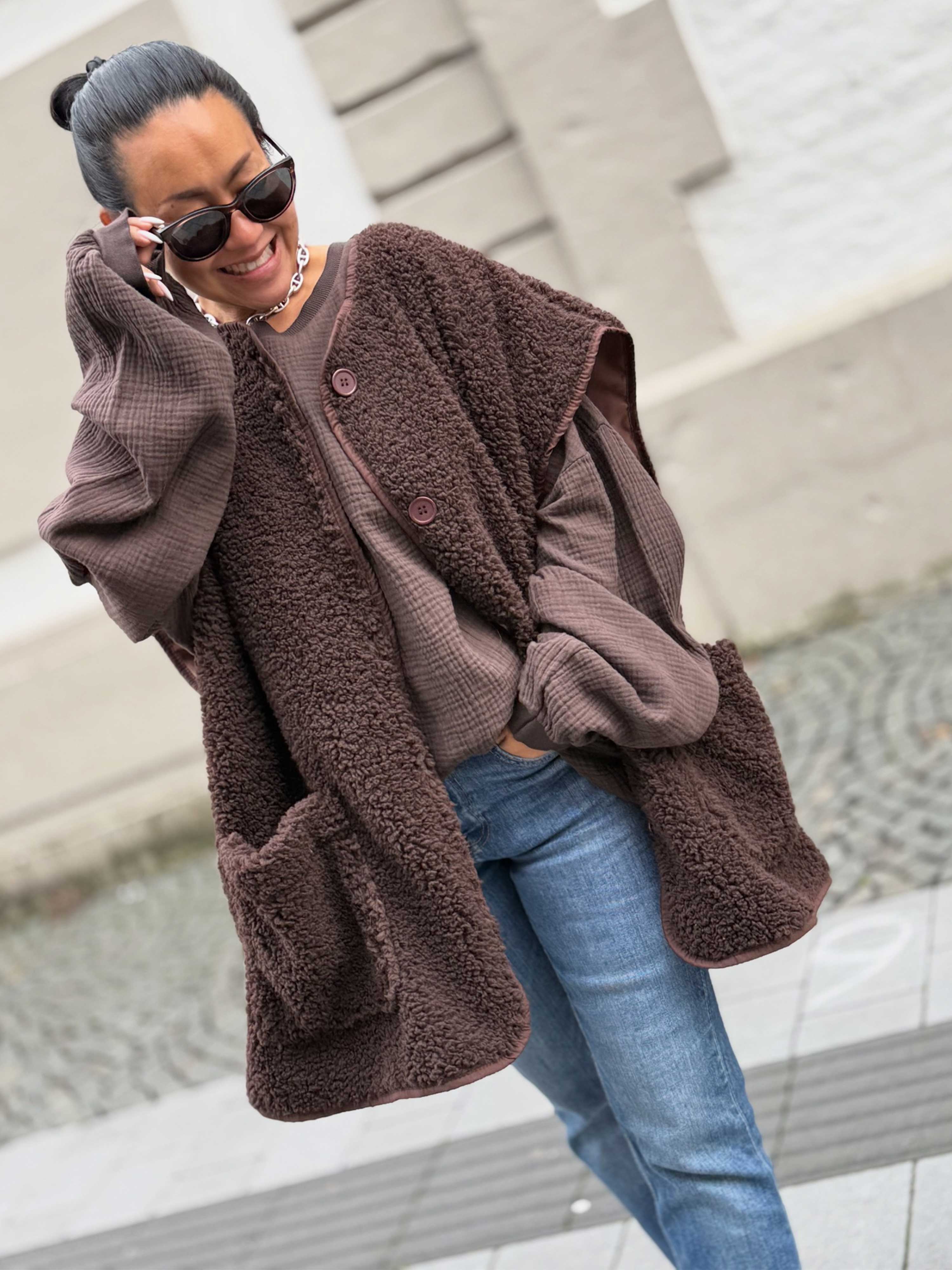 Oversize Teddylook Weste - ALMA - Schoko
