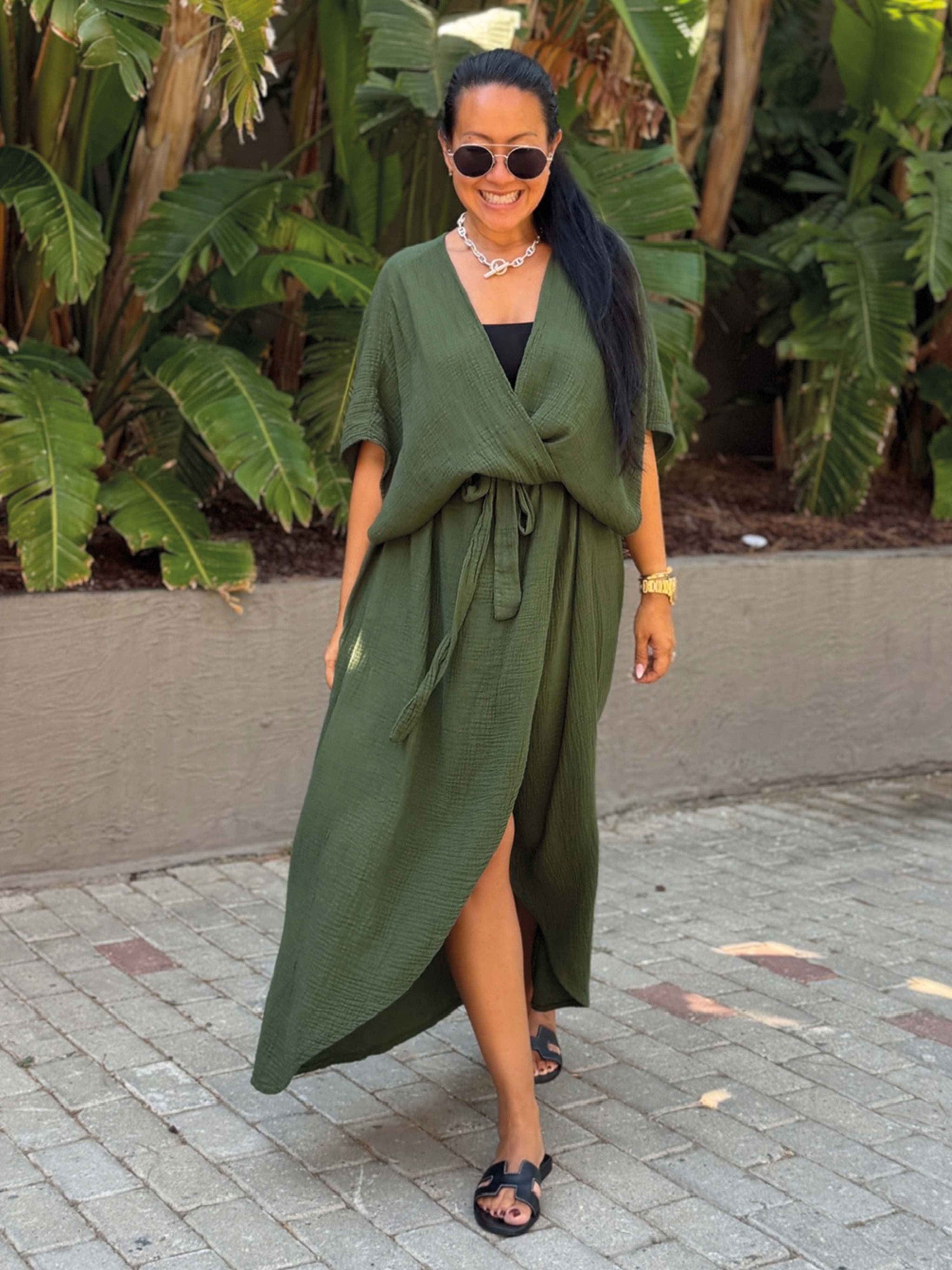 Musselin Wickel Kimono Kleid - CAPDEPERA - ONESIZE - Olive