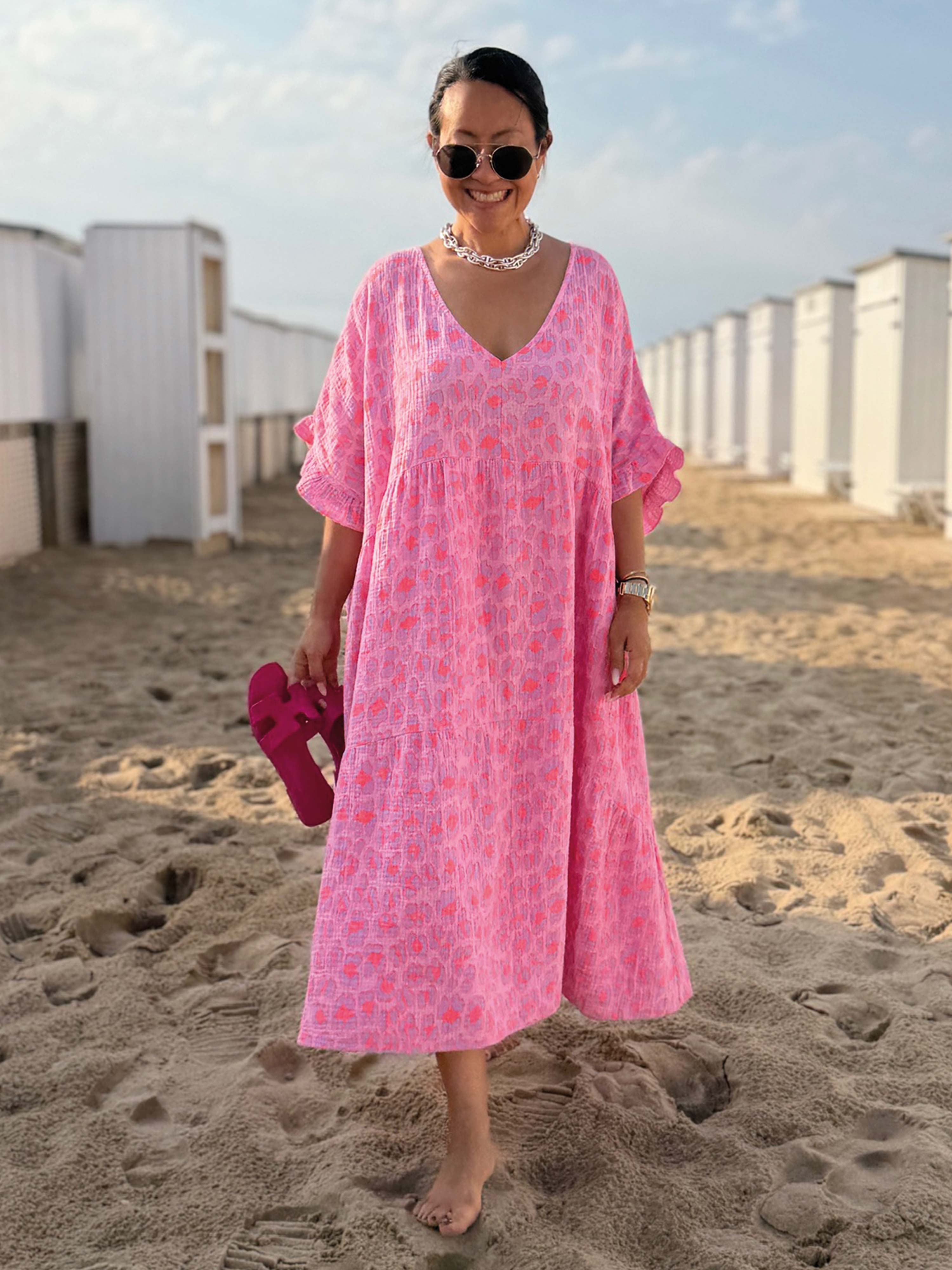 Musselin Tunika Long mit V-Ausschnitt - Leo Peach Pop