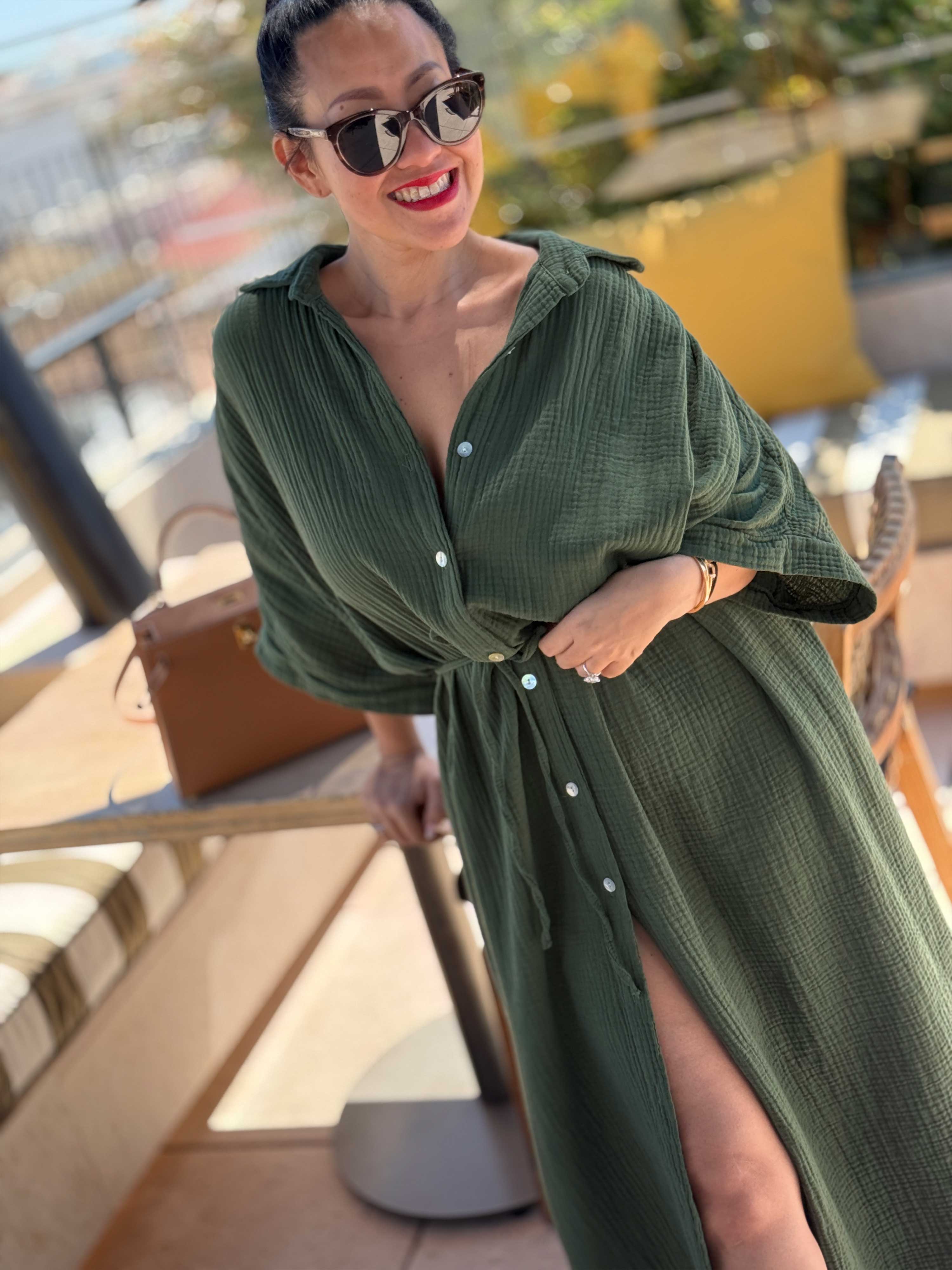 Musselin Oversize Kurzarm Blusenkleid - CAPRI - Olive