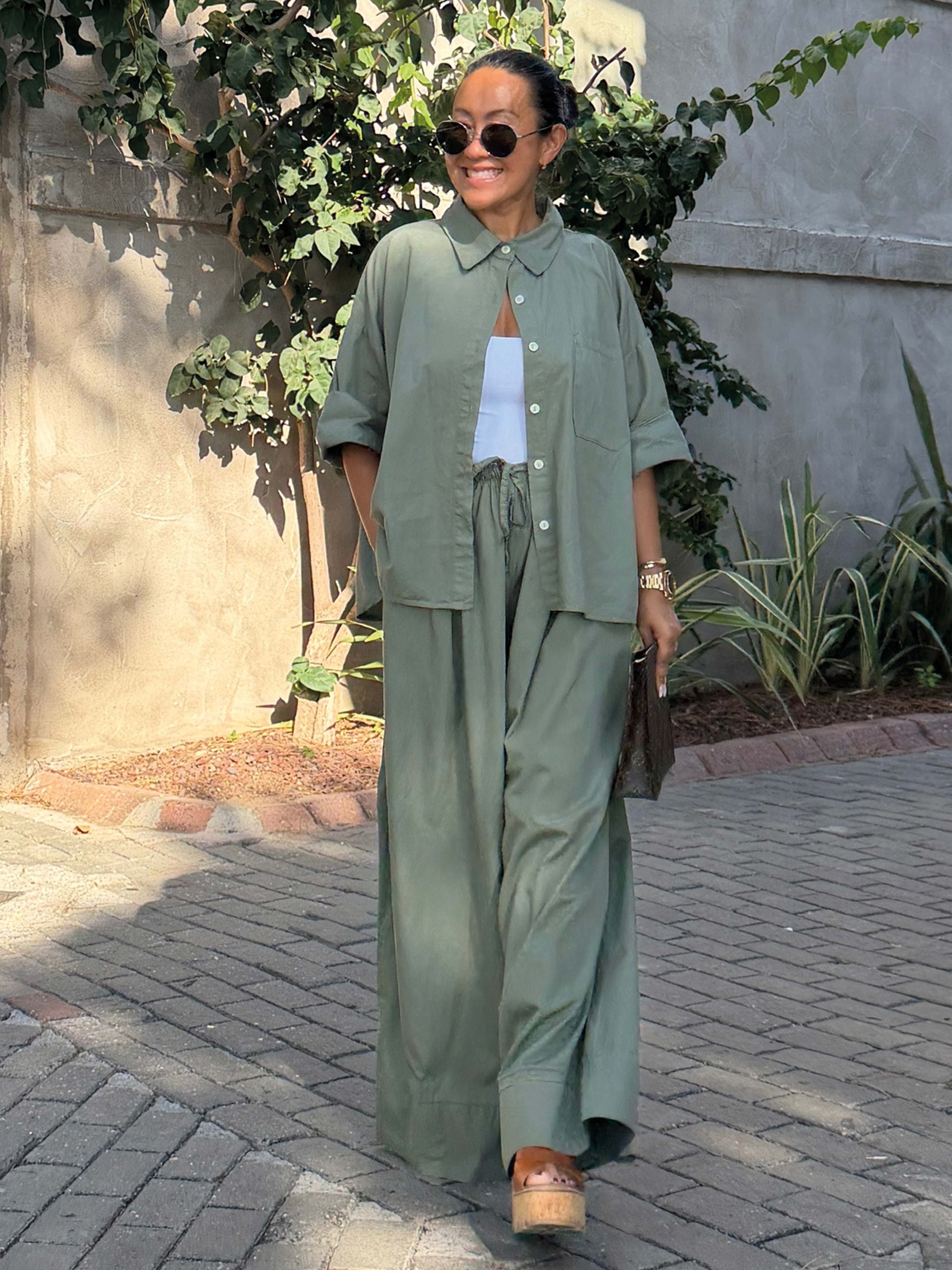 Basic Oversize Cotton Palazzo Hose - Matcha