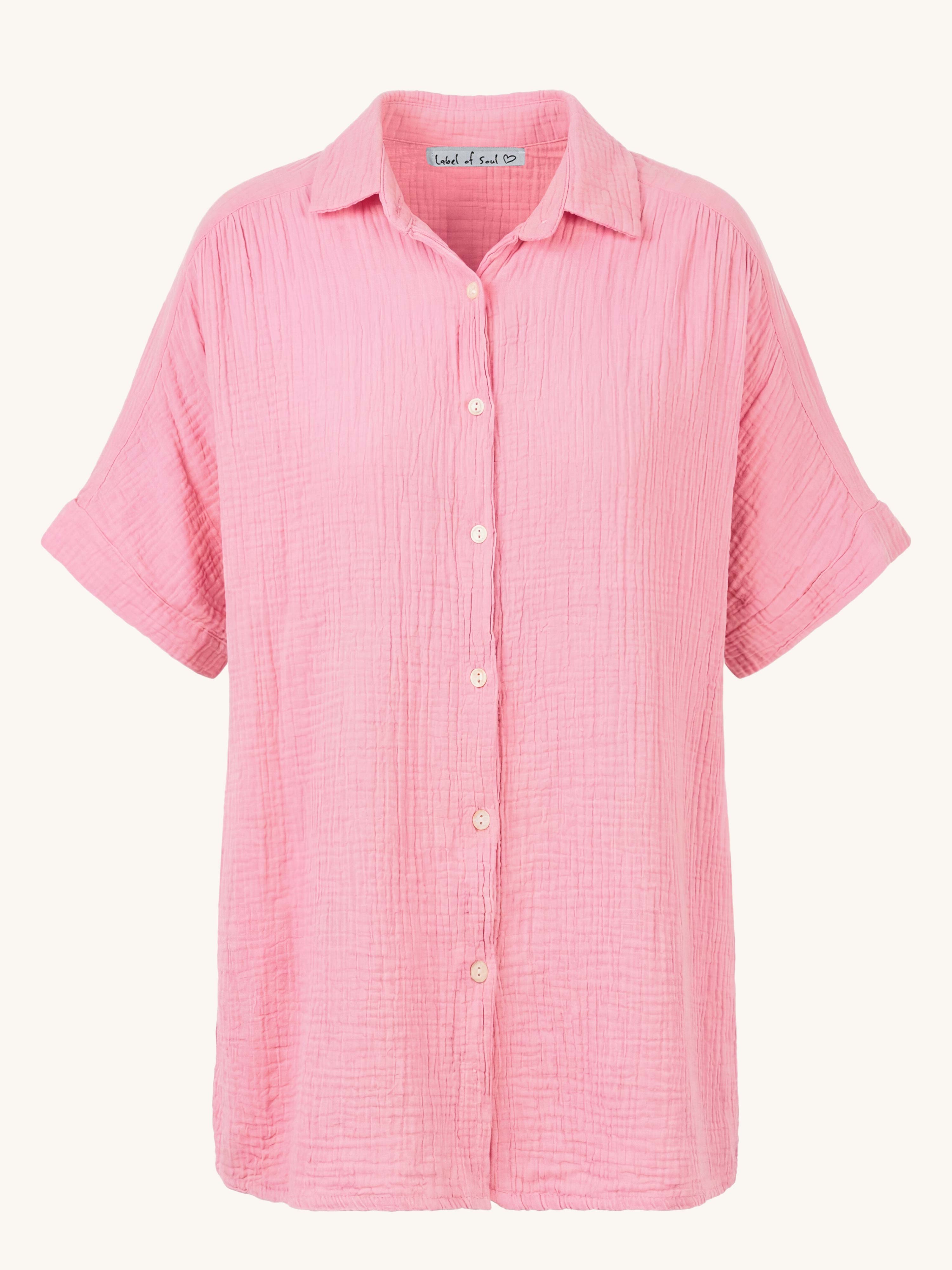 Musselin Oversize Kurzarm Bluse Long - Babyrosa